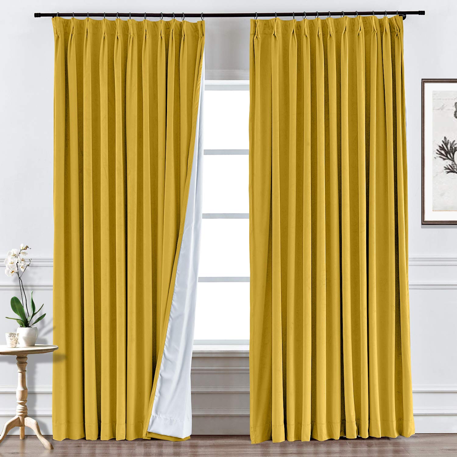 Blackout Thermal Insulated Velvet Curtains - Pinch Pleat Room Darkening Drapes for Bedroom & Living Room (58x84 Inches, Yellow, 1 Panel) - Perfect for Home Theater, Nursery & Light Sleepers
