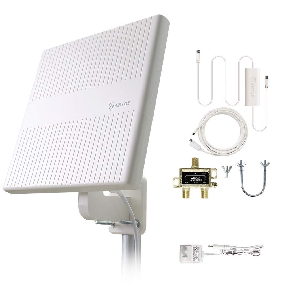 Antop Outdoor Amplified HDTV Antenna 65 Miles - 360° Omnidirectional TV Antenna with Signal Booster for HD 4K 1080P UHF VHF - Indoor Outdoor RV Attic Use - Supports 2 TVs - Perfect for Home Theater, Camping & Digital TV Reception