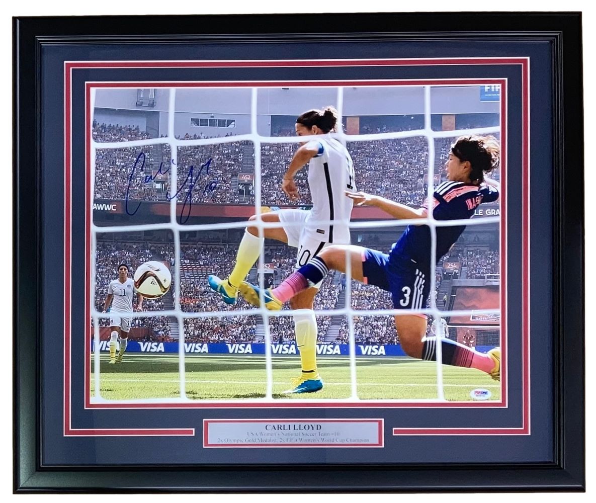 Authentic Carli Lloyd Signed 16x20 Framed USA World Cup Goal Photo with PSA/DNA COA - Perfect for Soccer Memorabilia Collectors & Sports Fans Decor