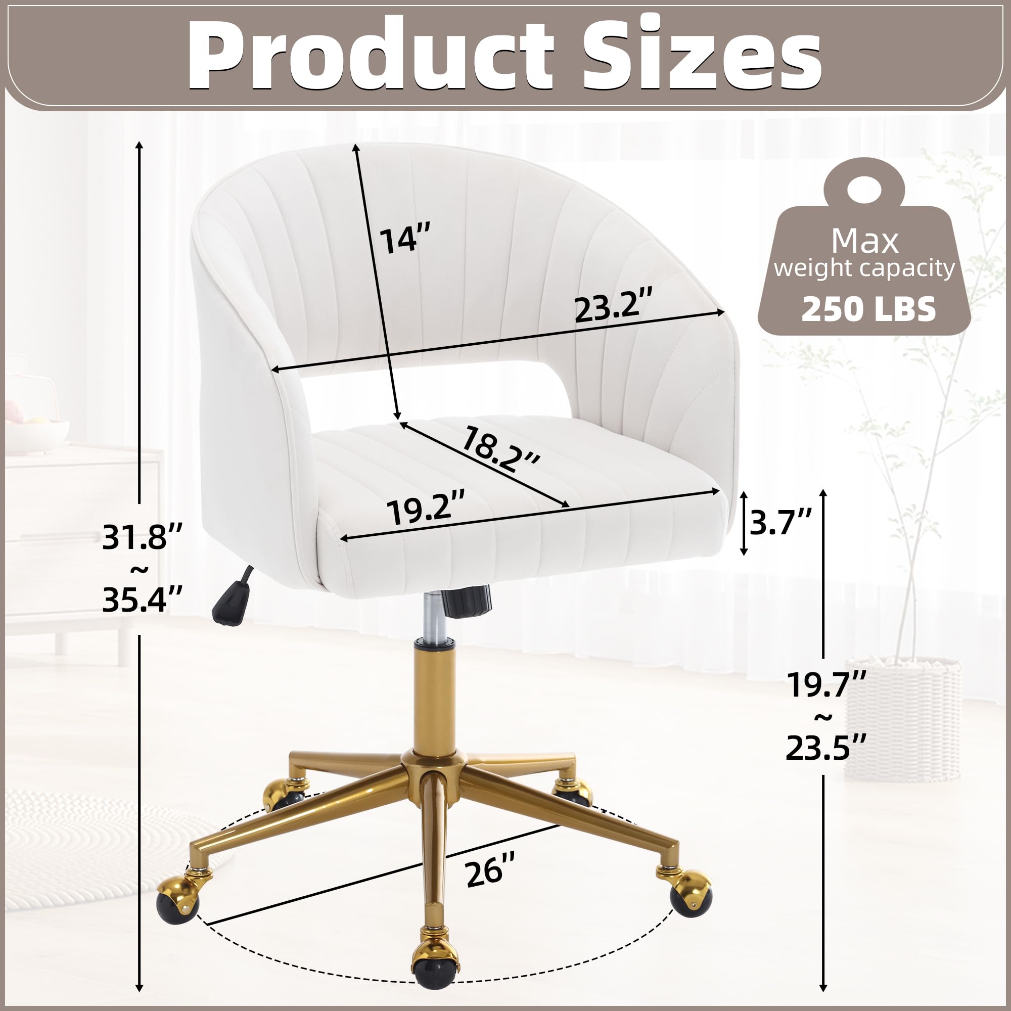 ABET Velvet Swivel Office Chair with Wheels & Adjustable Back - Modern Upholstered Desk Chair with Gold Base for Home, Living Room, Bedroom & Vanity - Cream White | Ergonomic Comfort for Work & Relaxation