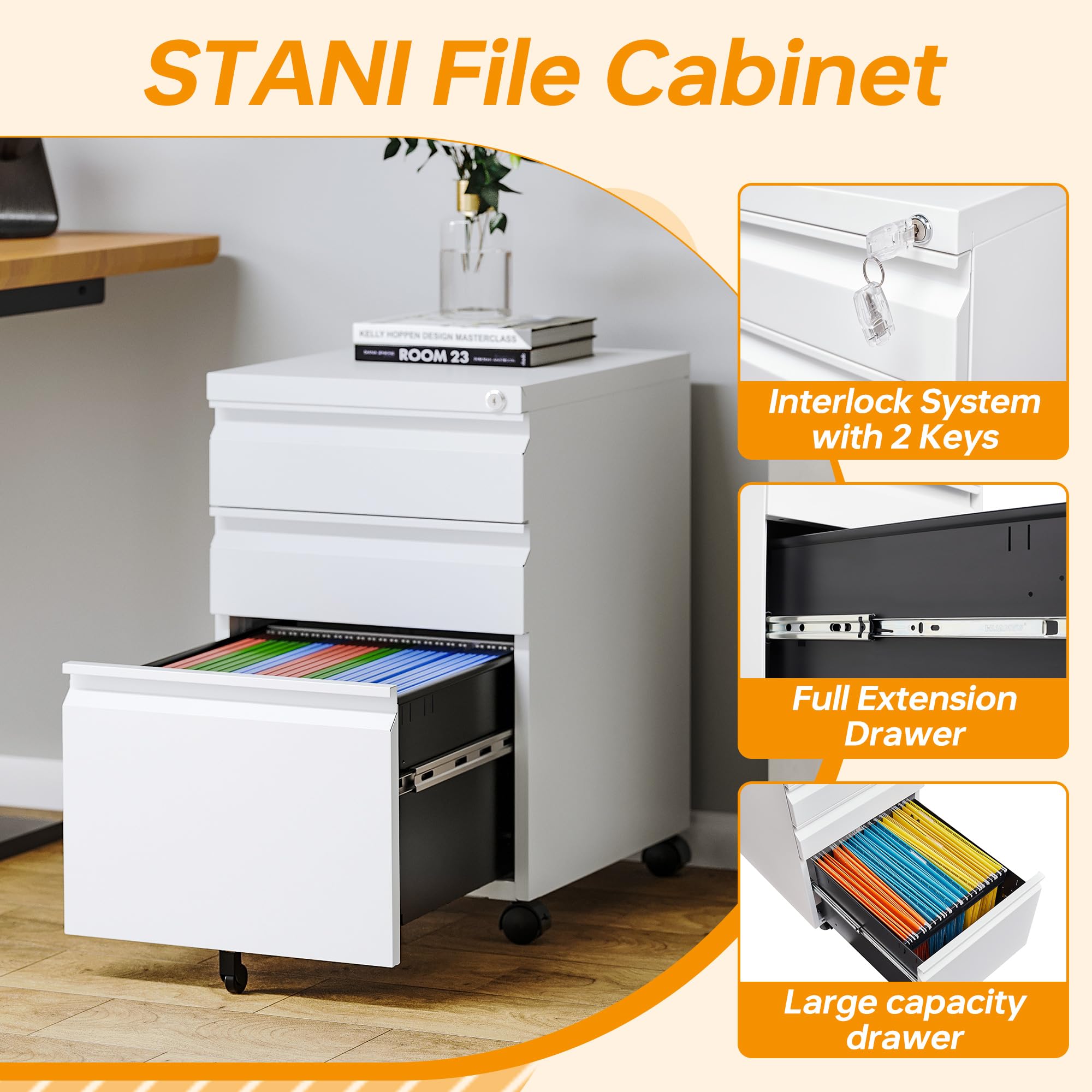 Locking 3-Drawer Mobile File Cabinet with Wheels - STANI Under Desk Metal Filing Cabinet for Office, Fully Assembled - Perfect for Small Spaces, Home & Office Organization