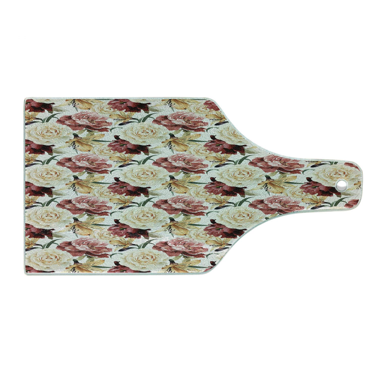 Ambesonne Rose Tempered Glass Cutting Board - Watercolor Floral Design with Roses & Peonies, Elegant Wine Bottle Shape for Serving Cheese, Charcuterie & Desserts - Perfect for Romantic Dinners, Bridal Showers & Home Decor