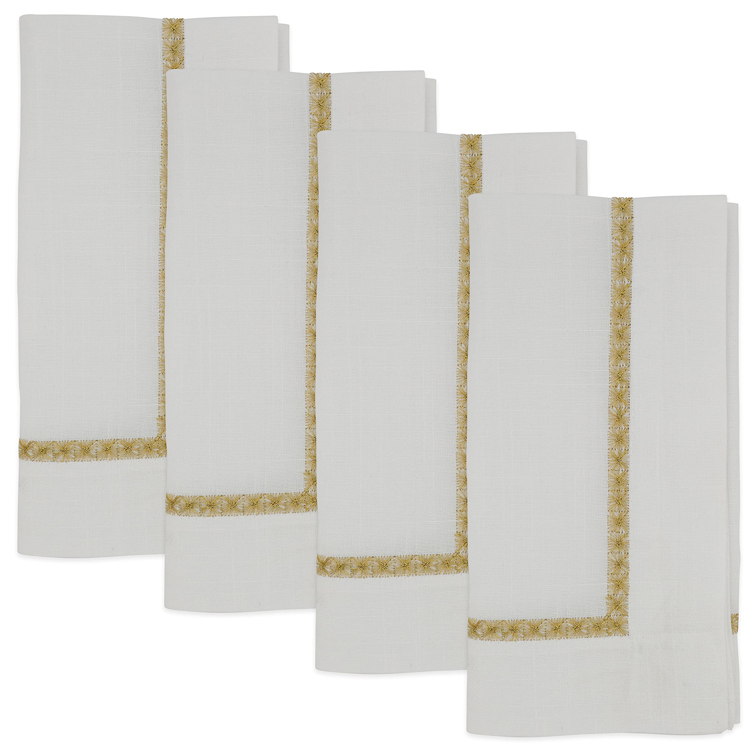 Premium Embroidered Border Cocktail Napkins Set of 4 - Elegant Linen Drink Coasters for Parties, Weddings & Home Decor