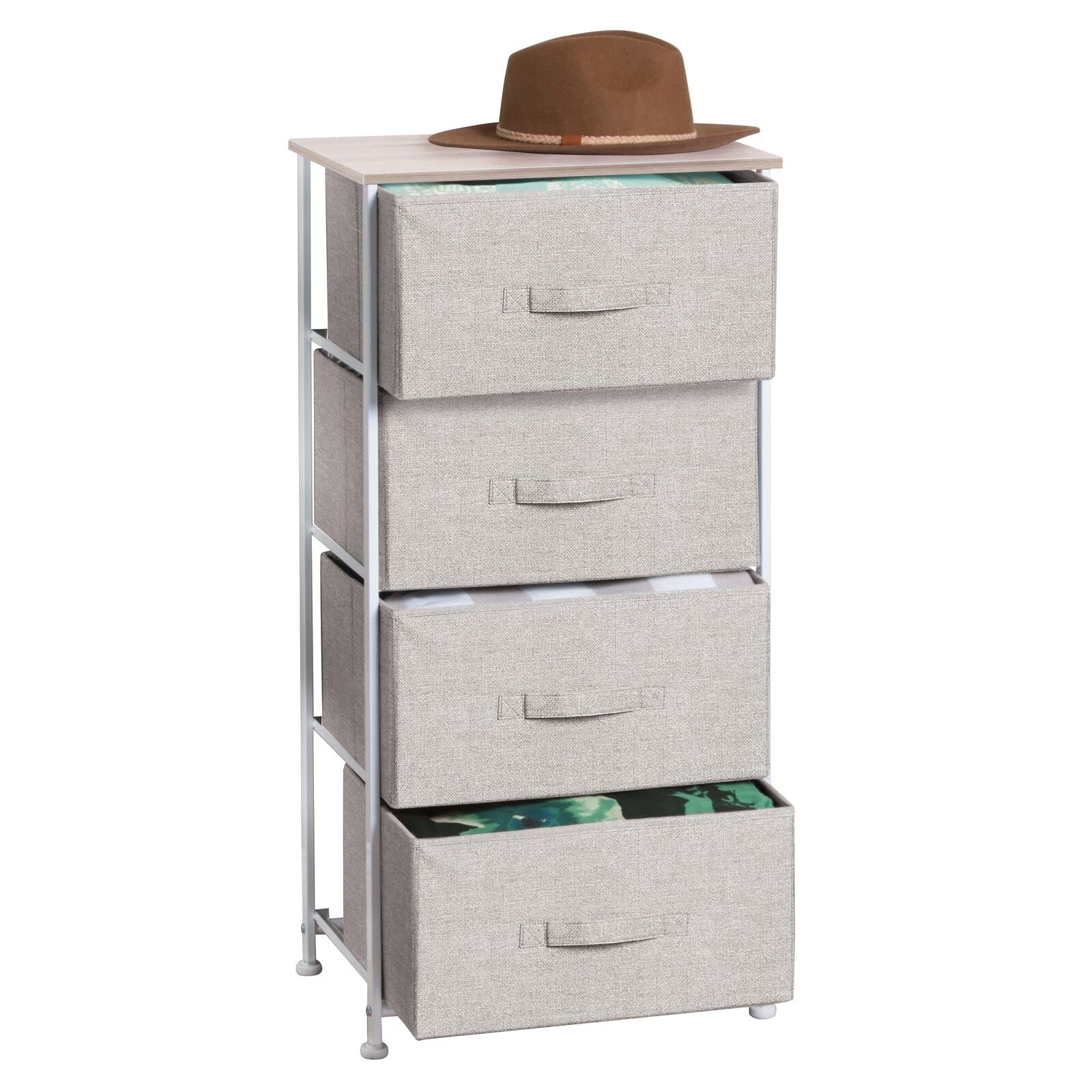 mDesign 4-Drawer Fabric Storage Tower Organizer - Steel Frame & Wood Top Dresser for Bedroom, Closet, Entryway - Lido Collection in Linen/Tan - Perfect for Clothing, Accessories & Home Organization