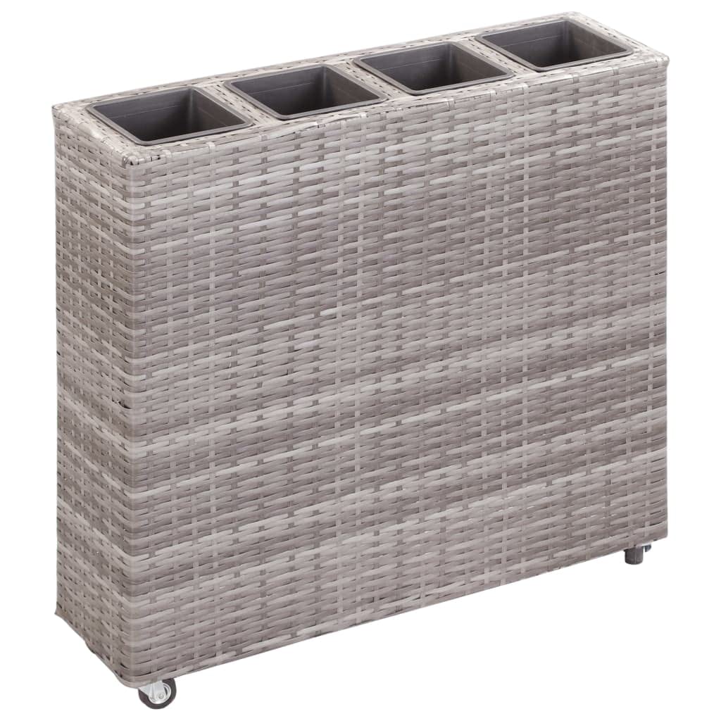 Outdoor Garden Raised Bed with 4 Plastic Pots - Gray Poly Rattan Weather-Resistant Planter with Wheels for Patio, Balcony & Backyard Decor