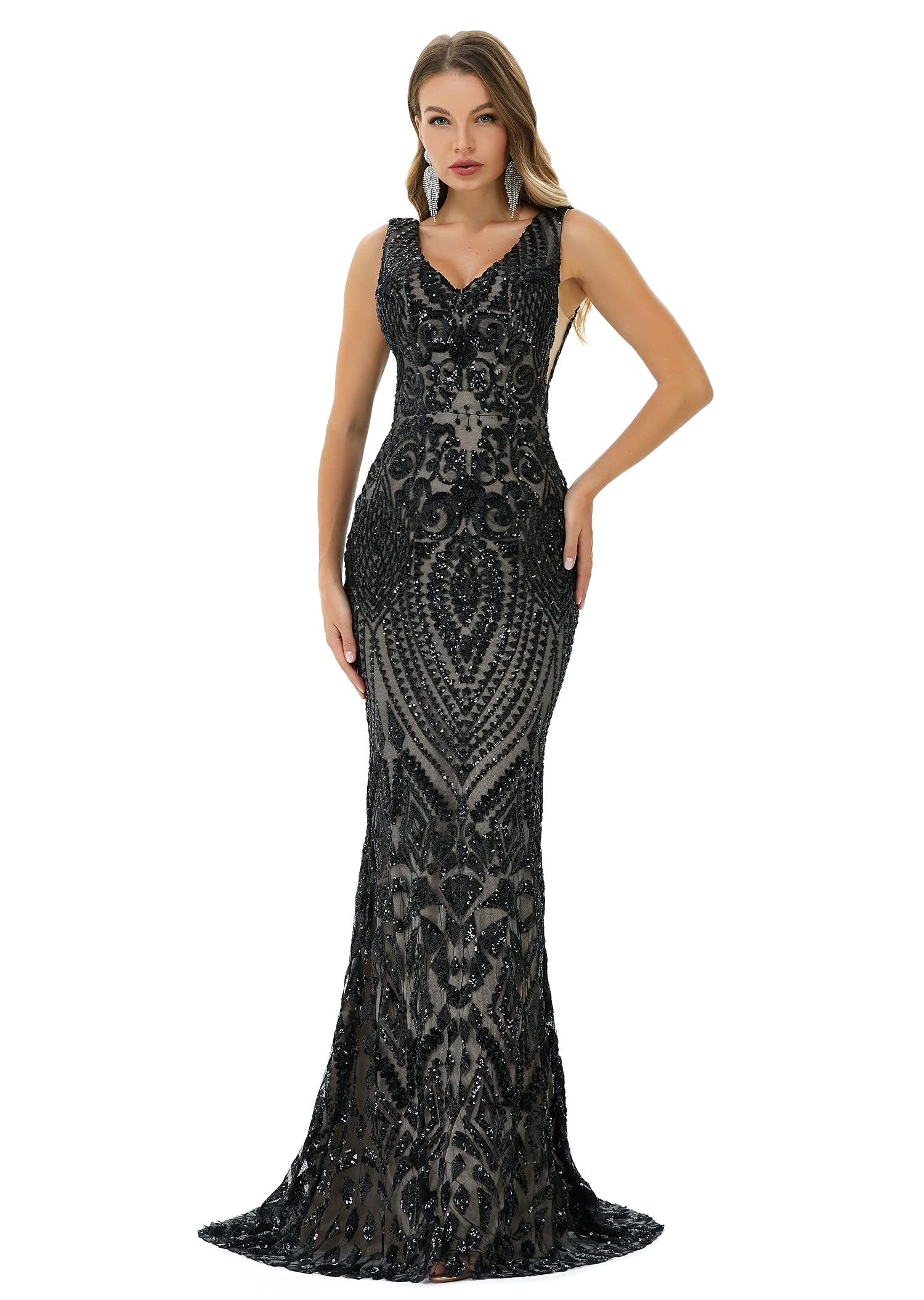 Elegant Women's Sequin V-Neck Mermaid Evening Dress - Sleeveless Bridesmaid Gown for Formal Party, Prom, Wedding, and Special Occasions