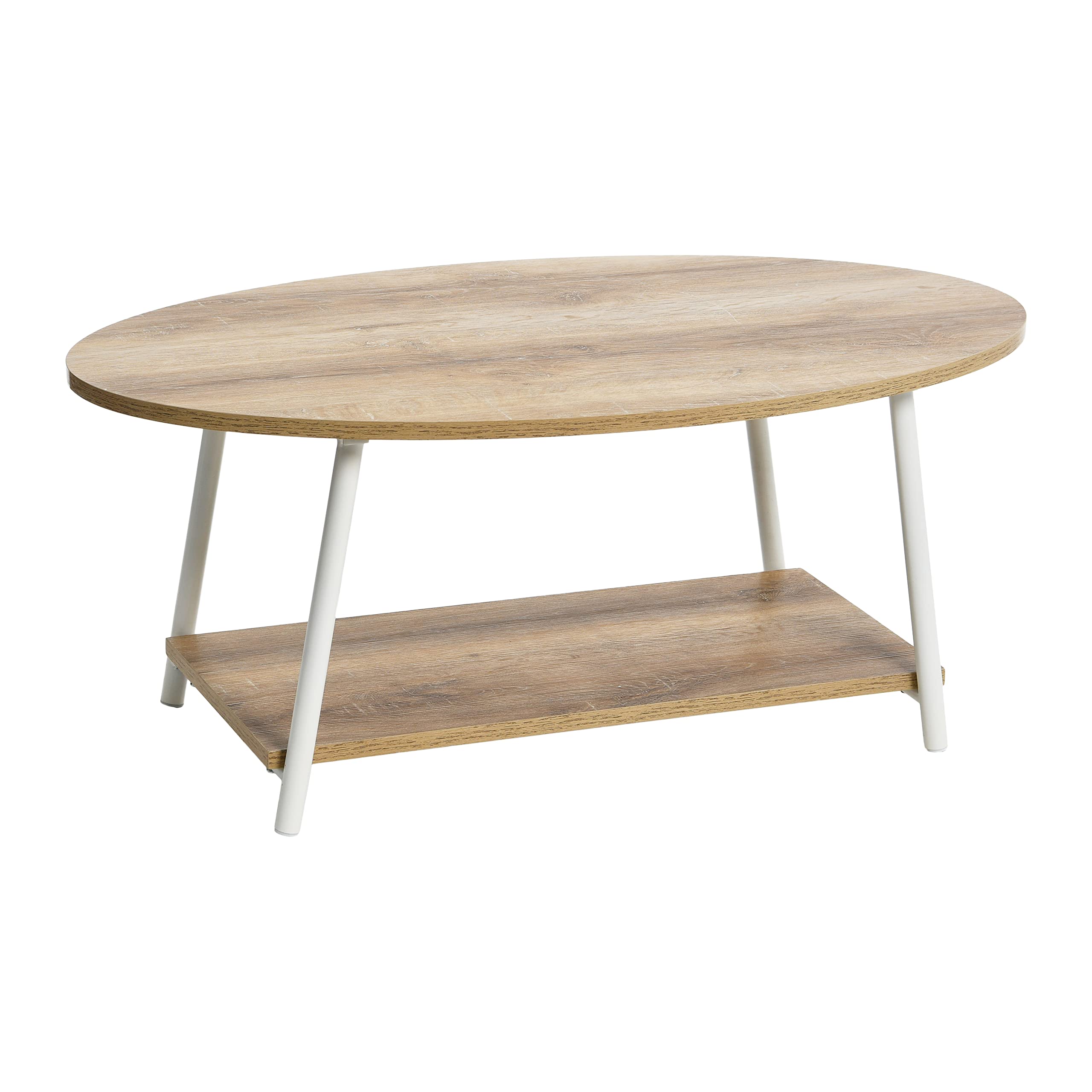 Jamestown Oval Coffee Table with Storage Shelf - Rustic Coastal Oak Wood Grain & White Metal Frame - Perfect for Living Room, Lounge, or Office Decor