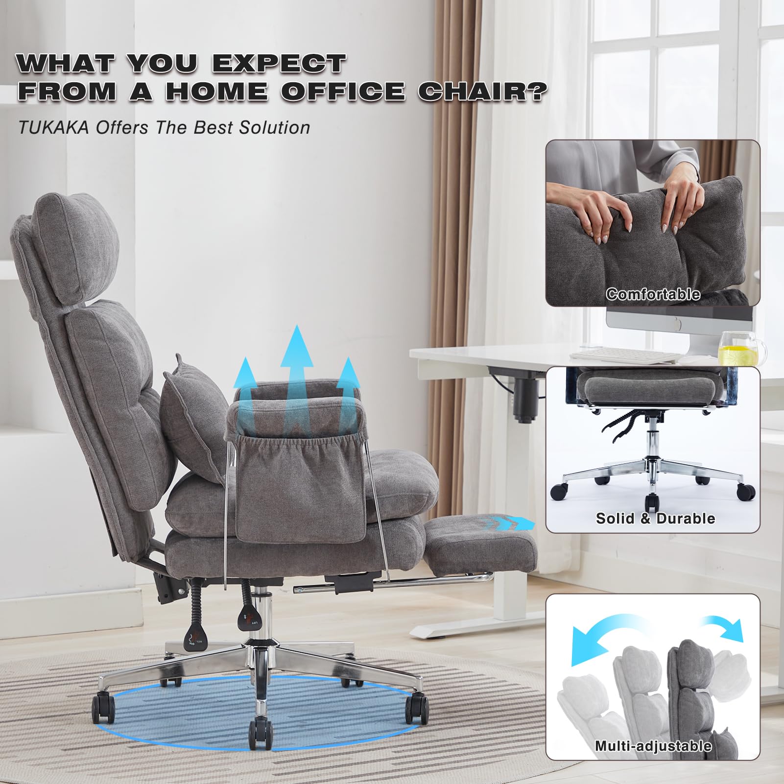 Big and Tall Ergonomic Office Chair with Footrest - Heavy Duty Stainless Steel Frame, High Back Reclining Chenille Fabric Chair with Lumbar Support & Spring Cushion (Koala Gray) - Perfect for Home Office, Gaming, and Workspace Comfort