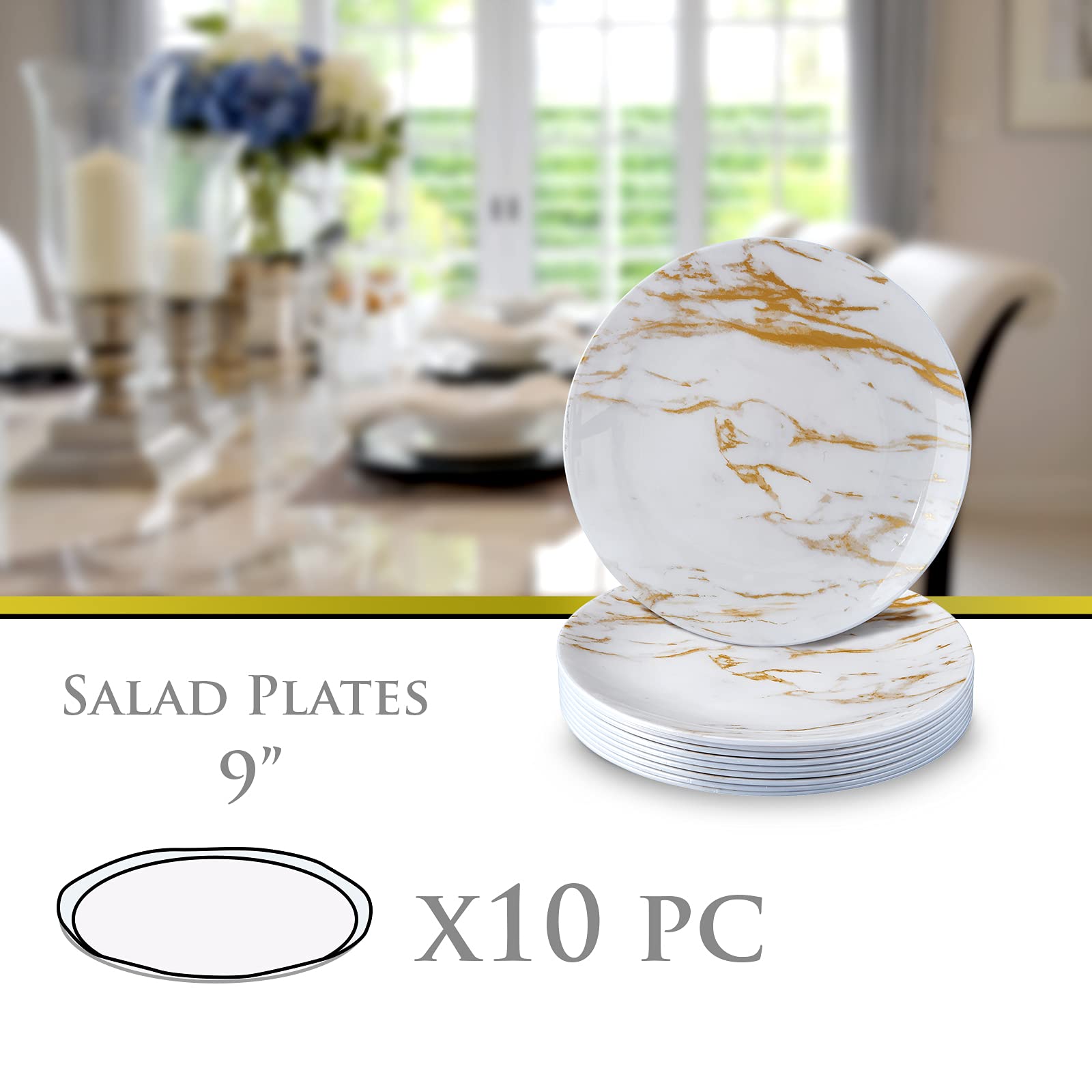 Elegant Gold Marble Design Disposable Salad Plates - Silver Spoons Carrara Marble Collection (9 Inch, 10 Pack) Perfect for Parties, Weddings & Elegant Dining Events