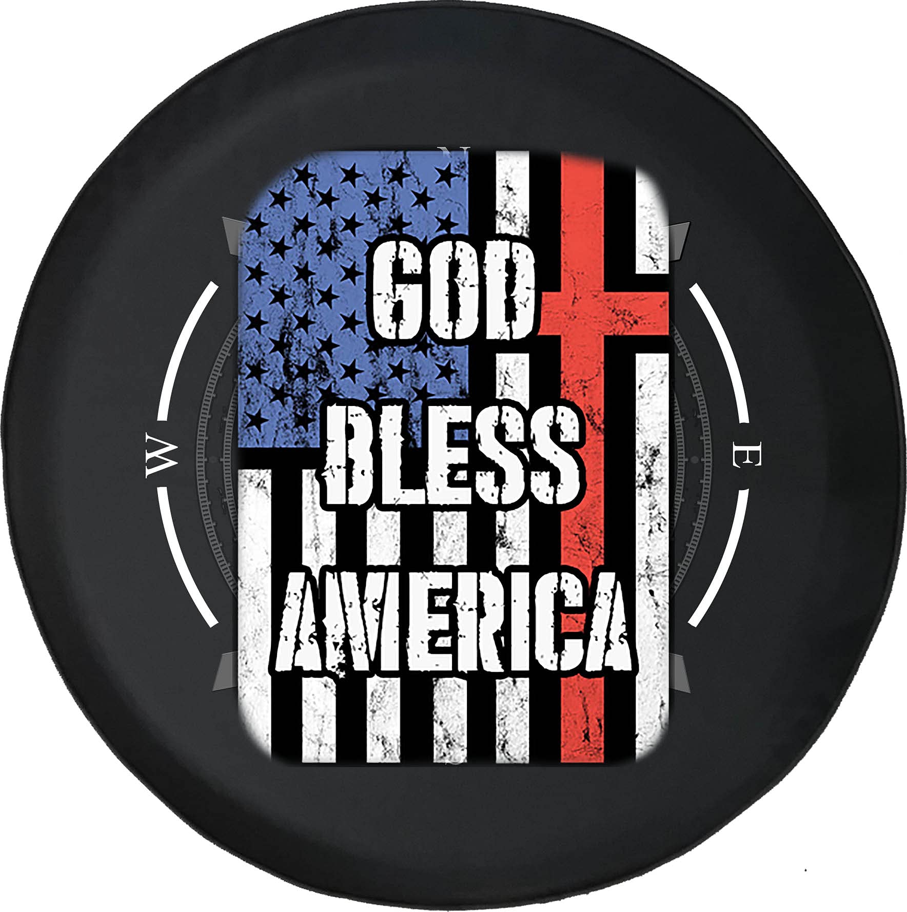 God Bless America Flag Cross Spare Tire Cover with Compass Design - Fits SUV, Trailer, RV & Most Vehicles - Durable Wheel Protector for Road Trips & Outdoor Adventures