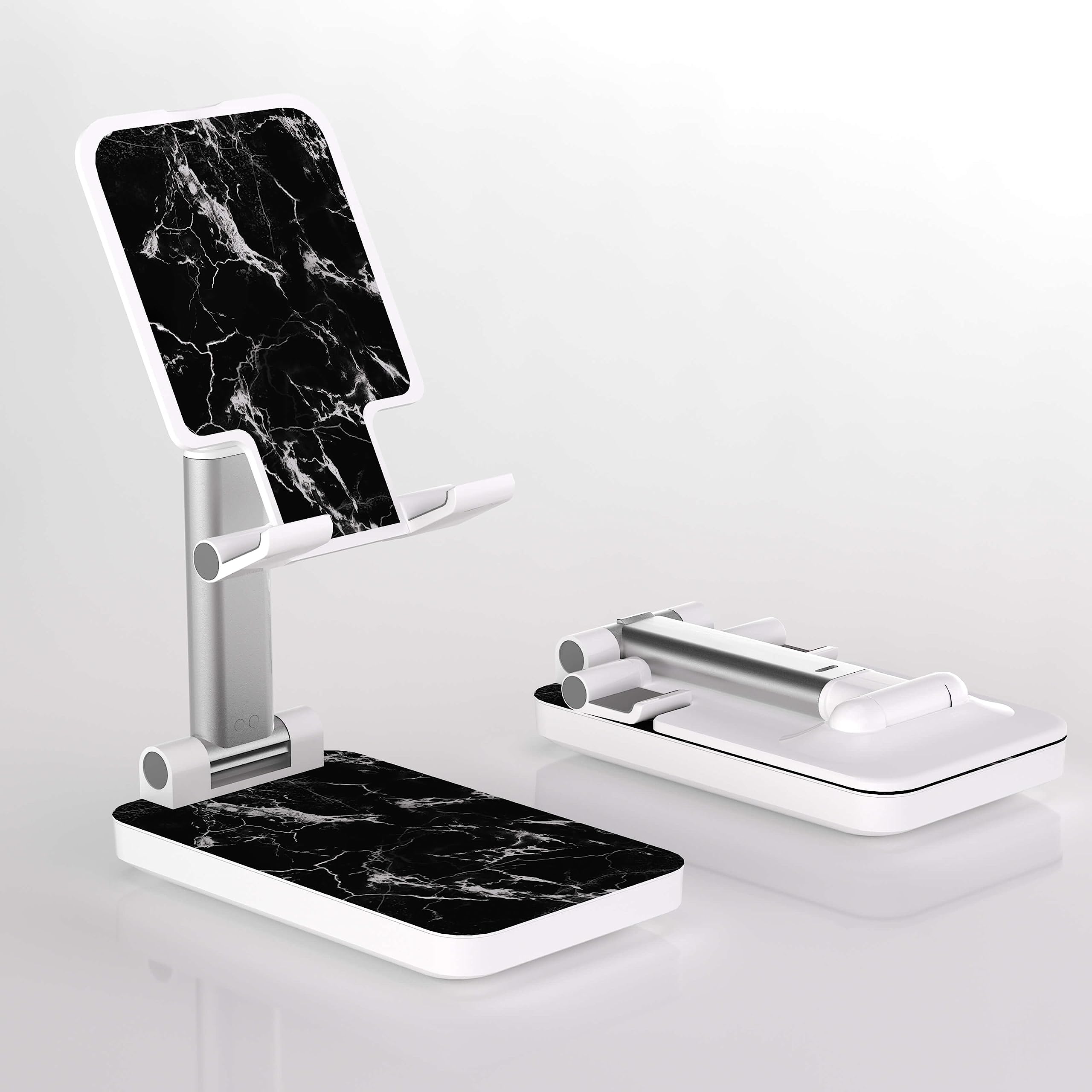 Adjustable Height Foldable Phone Stand for Desk - Universal Smartphone Holder Compatible with iPhone, iPad, Samsung & More - Durable Black Marble Design for Home Office, Video Calls & Hands-Free Viewing