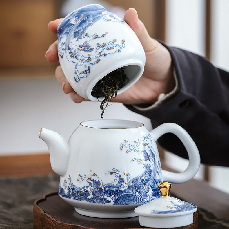 Premium Chinese Sea Wave Ceramic Teapot with 24K Gold Trim - Elegant Tea Brewing for Home, Office & Gift Giving