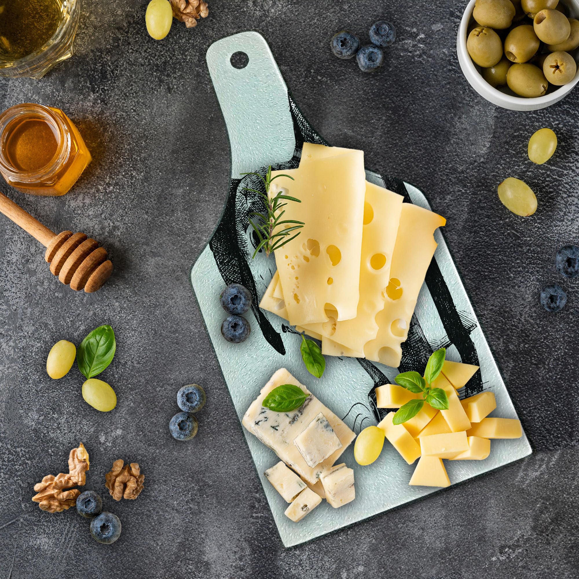 Ambesonne Indie Walrus Design Cutting Board - Hand Drawn Anthropomorphic Sketch Art - Tempered Glass Serving Board for Kitchen & Dining - Wine Bottle Shape - White & Black - Perfect for Cheese Platters, Charcuterie & Party Entertaining