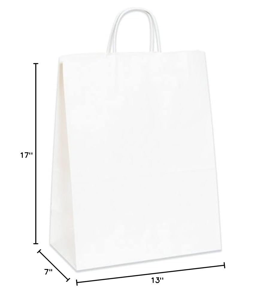 Aviditi 13x7x17 Inches White Kraft Paper Shopping Bags with Handles - Eco-Friendly Retail Packaging for Boutiques, Grocery Stores & Gift Shops