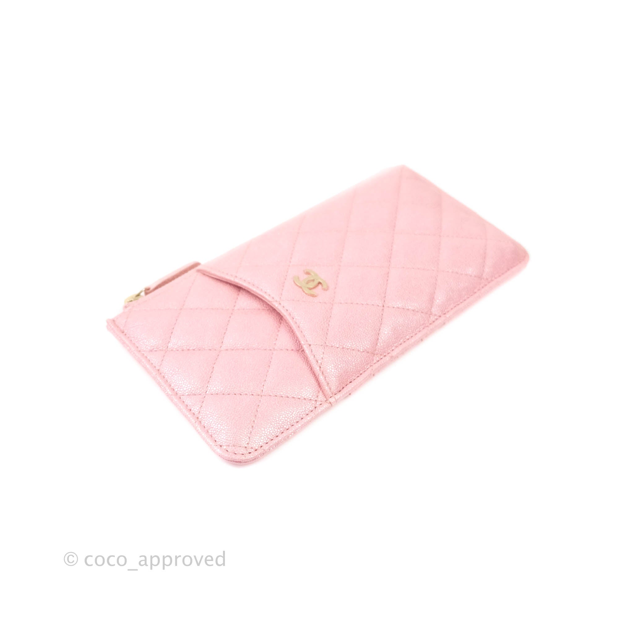 Chanel Classic Flat Iridescent Pink Caviar Leather Wallet Pouch with Gold Hardware - Perfect for Everyday Use, Travel & Special Occasions