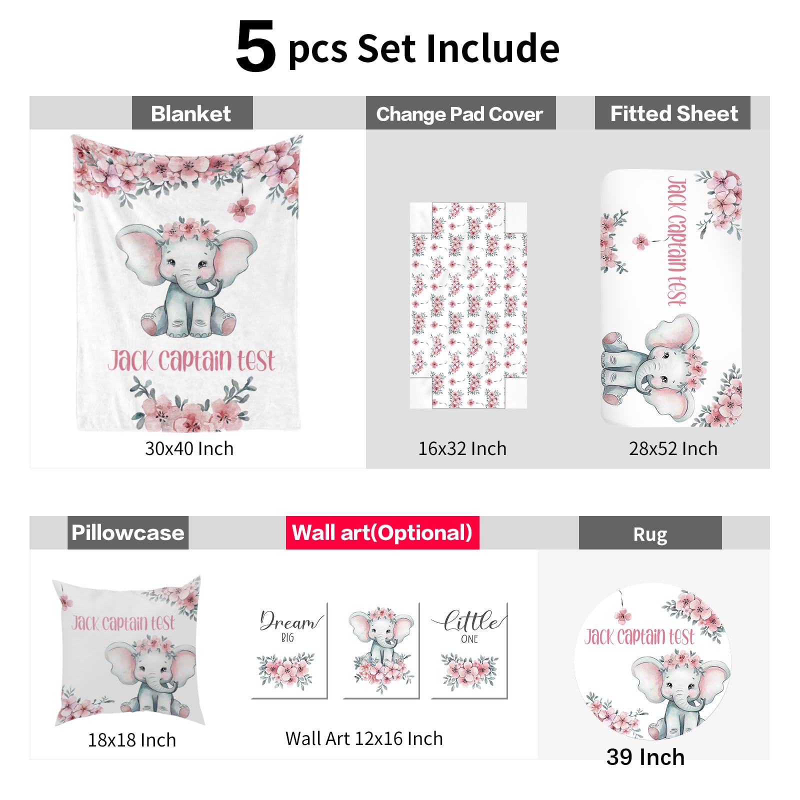 Custom Baby Bedding Set - Personalized Pink Elephant Nursery Bedding with Blanket, Fitted Sheet & Changing Cover | Soft Nursery Rug & Room Decor | Perfect Baby Shower Gift for Girls & Newborns | Ideal for Cribs, Bassinets & Nursery Decorations