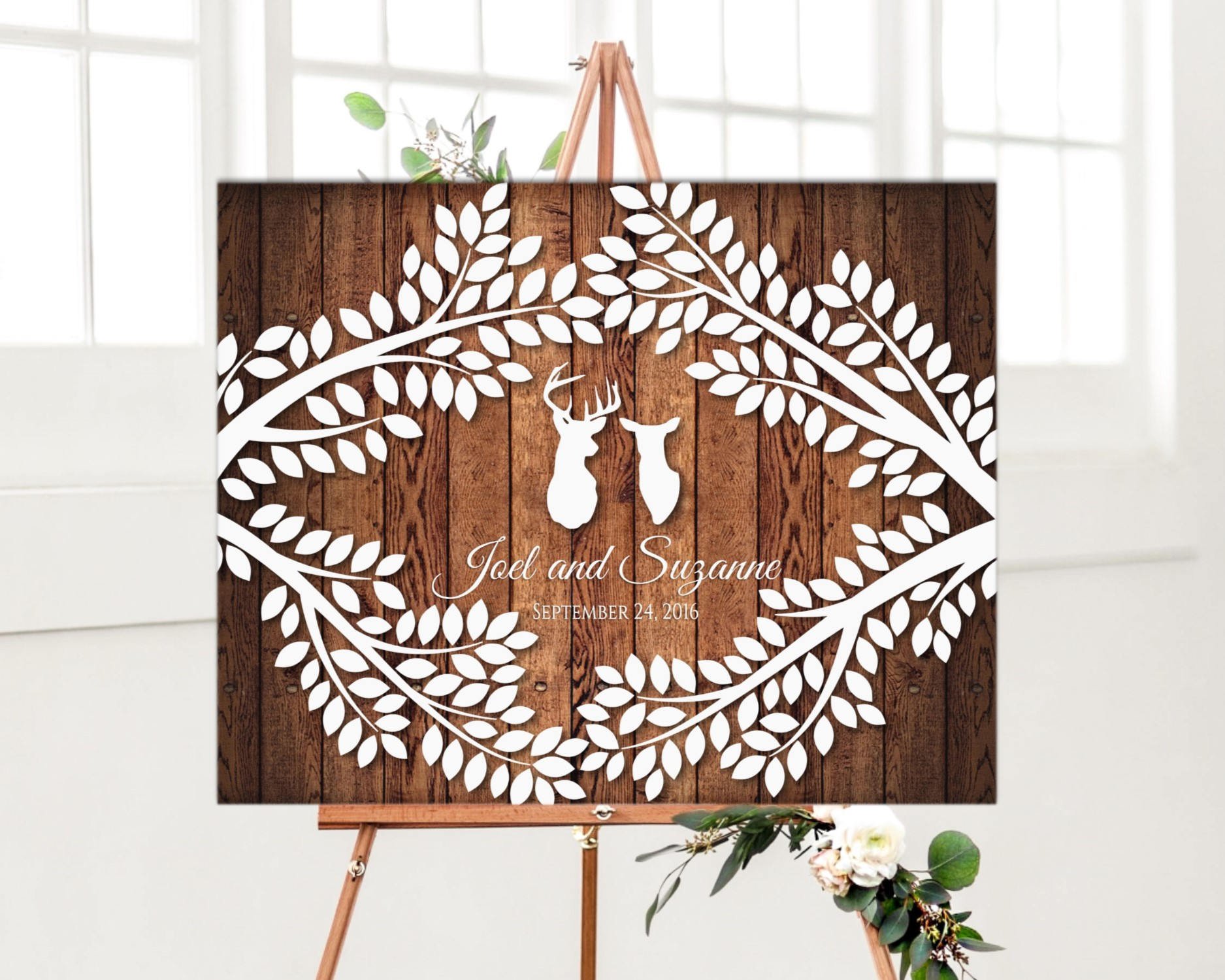 Rustic Wedding Guest Book Canvas - Deer and Tree Design for 200 Guests | Alternative Guestbook Signing Idea for Outdoor, Barn & Country Weddings
