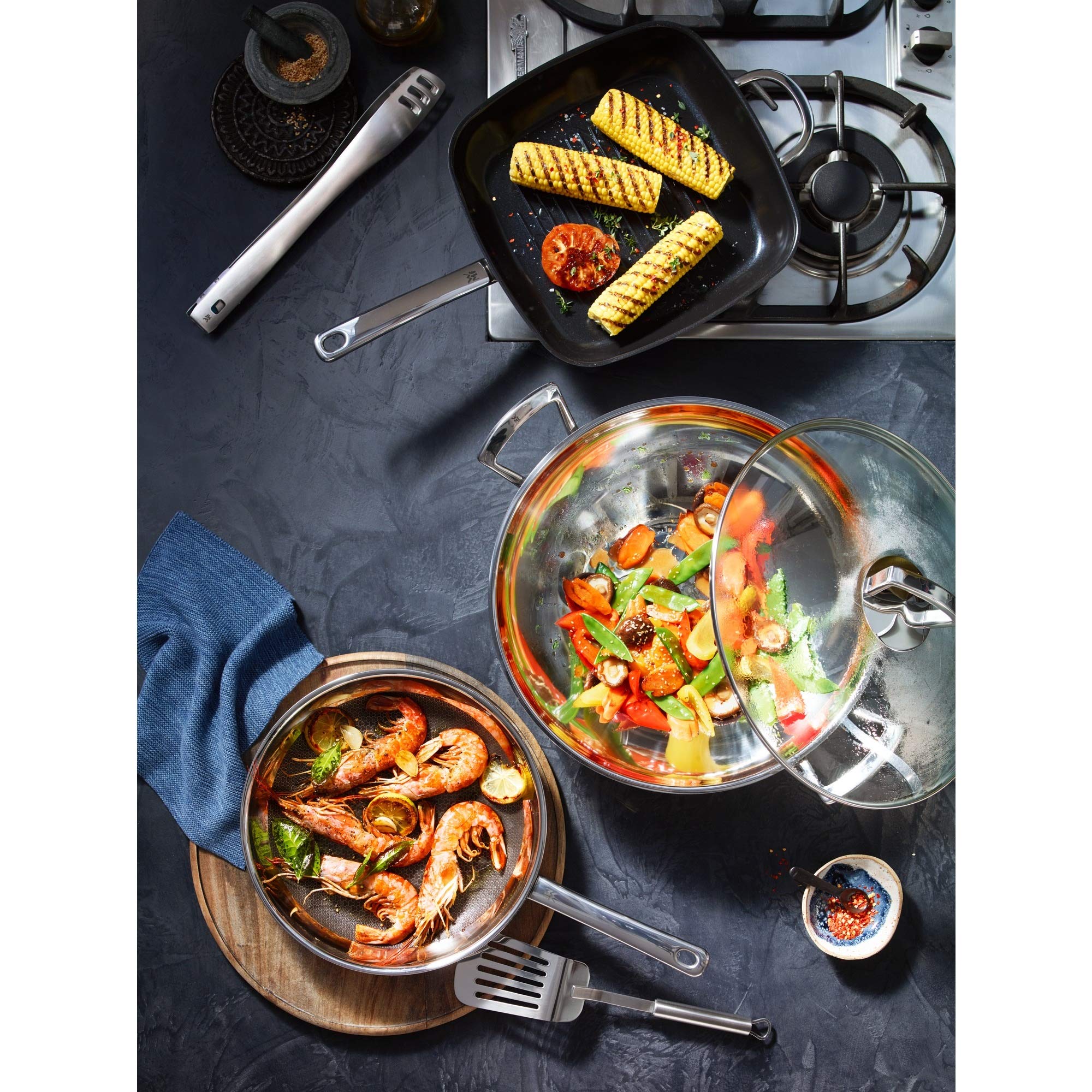 WMF 36cm Uncoated Silver Wok Set with Pouring Rim - 2-Piece Nonstick Stir Fry Pan for Asian Cooking, Home Kitchen & Professional Chef Use