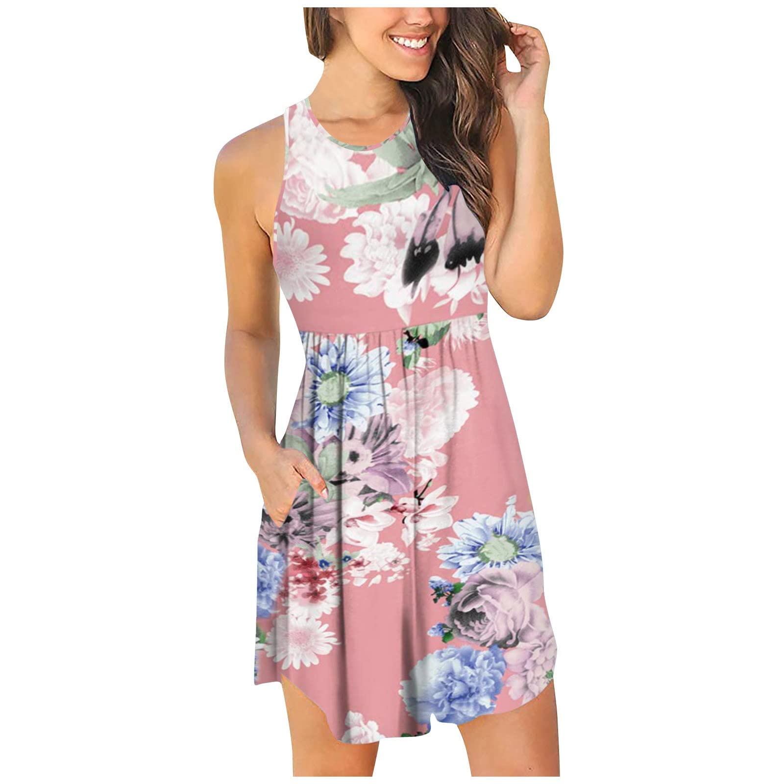 Women's Spring Slim Swing Pleated Sundress - Sleeveless Loose Crewneck Mini Dress with Pockets for Prom, Party & Casual Wear | Flowy Summer Cami Dress for Beach, Vacation & Daily Outings