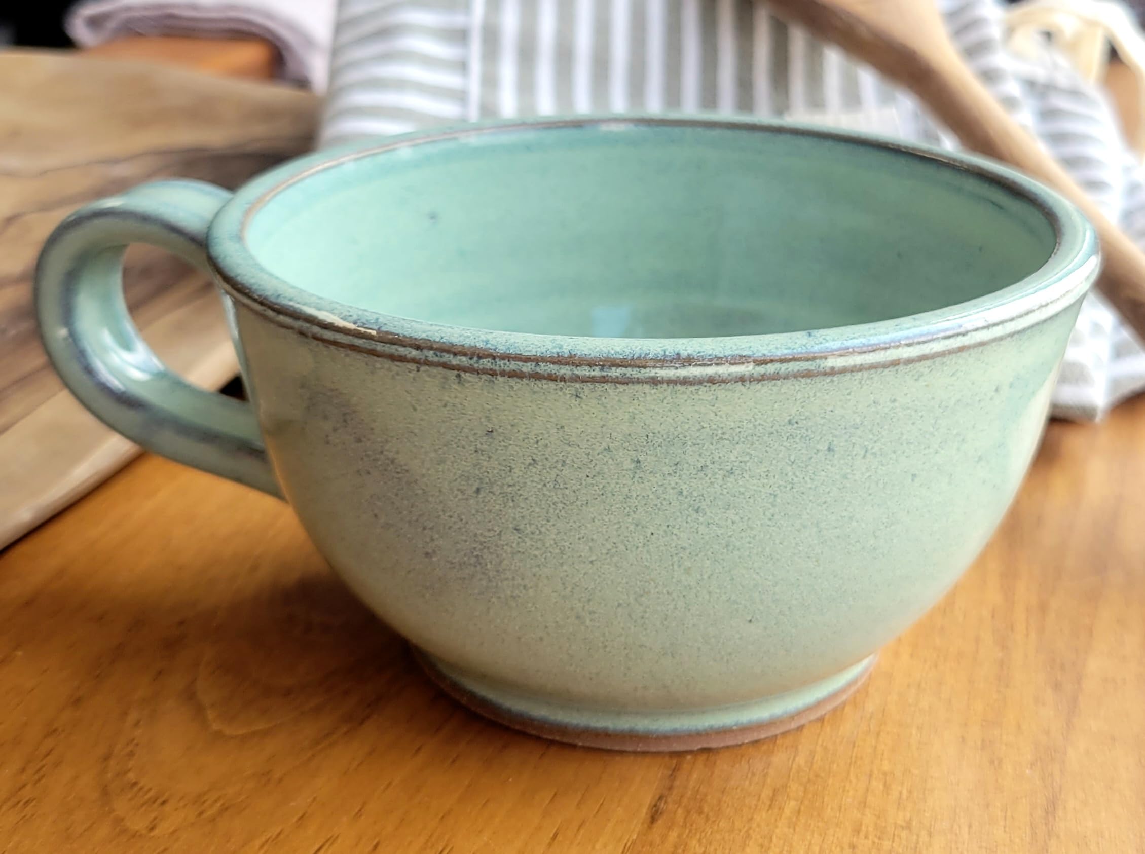 Farmhouse Style Soup Bowls with Handles - Set of 2 Deep Large Ceramic Bowls for Chowder, Stew & Soup - Handmade Pottery Kitchen Decor (Green) - Perfect for Rustic Dining, Soup Parties & Cozy Kitchen Decor