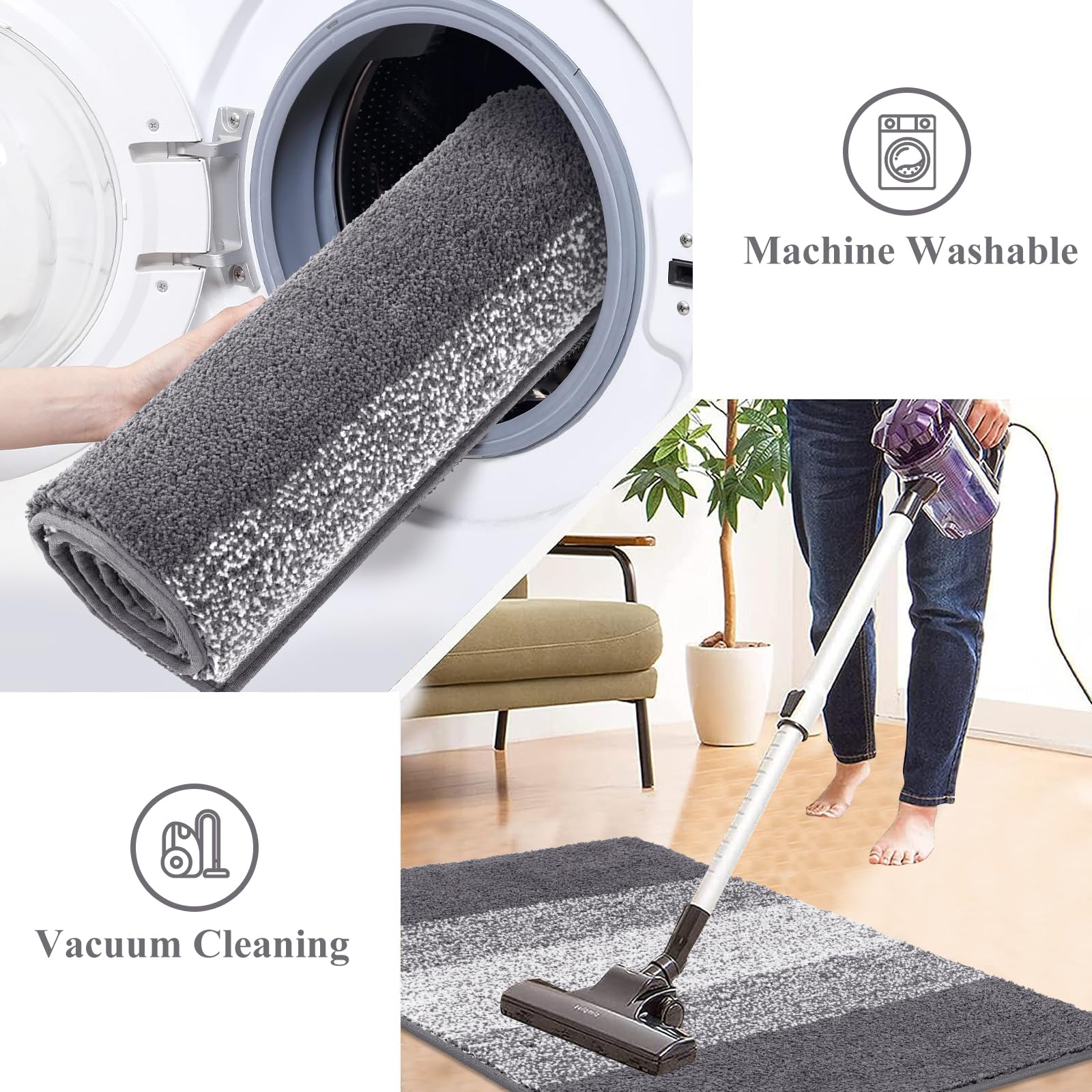 Luxury Soft Bathroom Rugs Set of 2 - Non-Slip Washable Plush Bath Mats, Super Absorbent Microfiber Shaggy Striped Carpet for Tub, Shower & Bathroom (18