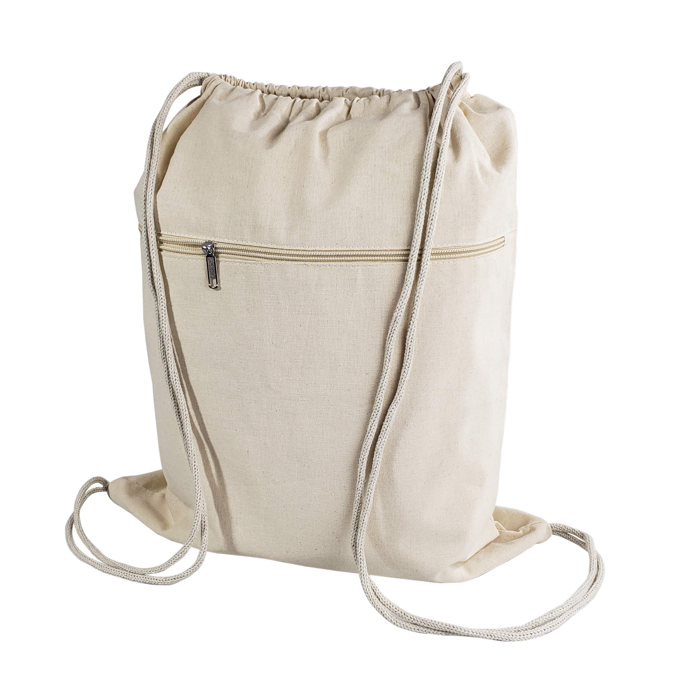 Premium Cotton Canvas Drawstring Backpack with Zippered Front Pocket - Lightweight Cinch Sack for Gym, Hiking, Travel & School - Durable Sport Bags for Men, Women & Kids (6-Pack, Natural) - Perfect for Sports, Outdoor Adventures & Daily Commute