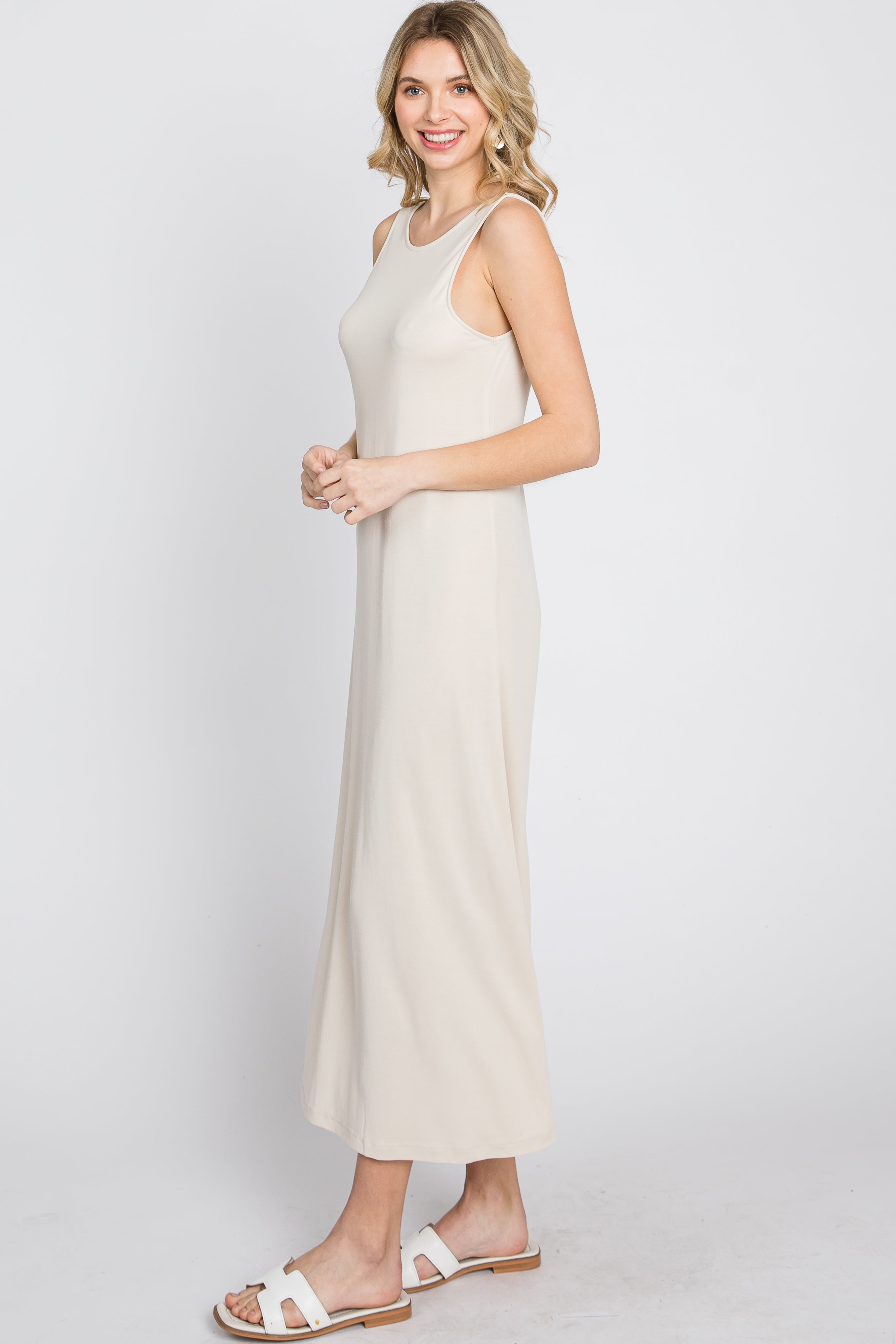 Beige Low V Back Sleeveless Midi Dress for Women - Elegant Summer Casual & Wedding Guest Outfit - Perfect for Beach Vacations, Date Nights & Special Occasions