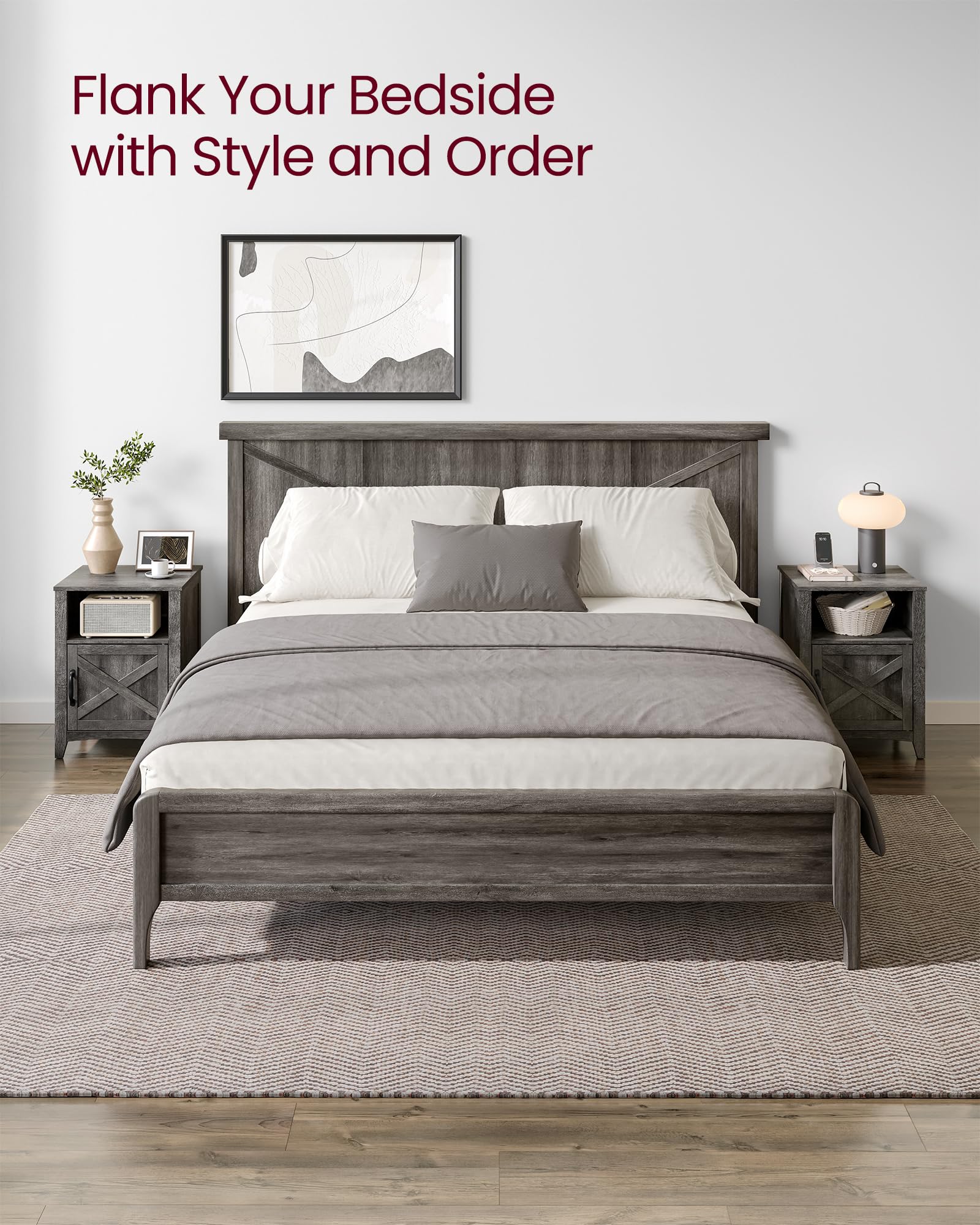 VASAGLE Farmhouse Nightstand with Barn Door - Set of 2, Rustic Bedside Table with Storage Shelf & Open Compartment, End Table for Bedroom, Living Room or Office - Misty Gray ULET809G68 | Perfect for Small Spaces & Home Decor