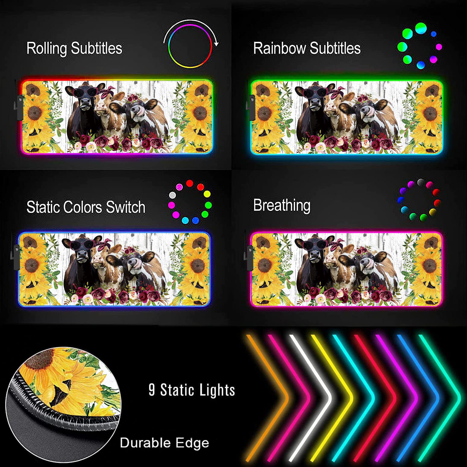 RGB Gaming Mouse Pad - Large LED Light-Up Desk Mat with Non-Slip Base | Waterproof Optical Surface for PC Gaming | Perfect for Gamers & Office Work | Sunflower & Cow Animal Designs