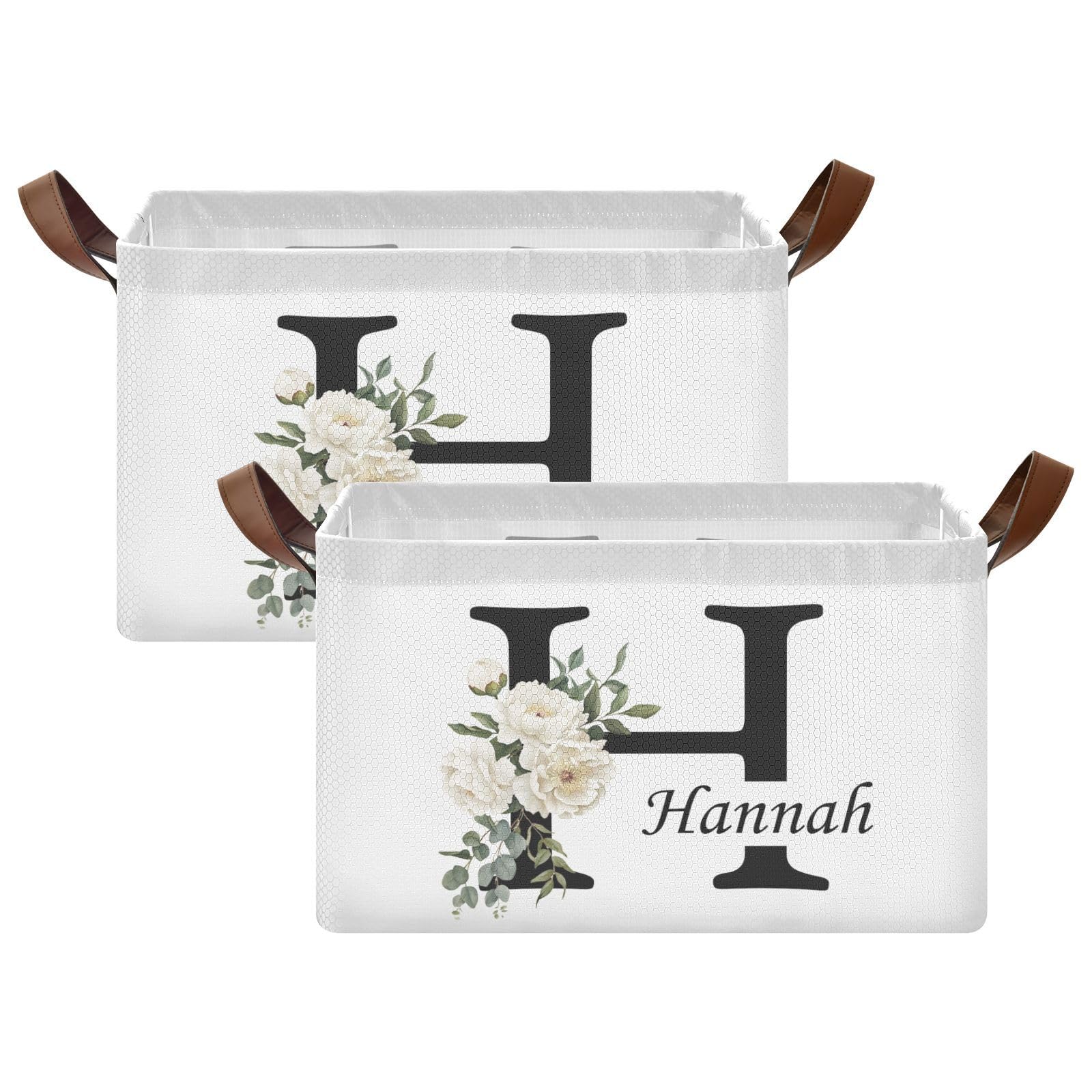 Personalized Floral Storage Basket with Handles & Clear Labels - Foldable Laundry Organizer Bin, Custom Name Collapsible Cube for Home, Kids Room, Closet & Shelf - Perfect for Wedding Gifts & Home Organization (2 Pack)