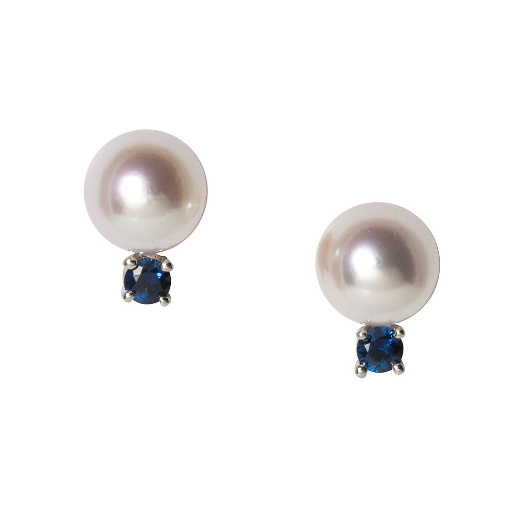 8mm Genuine Pearl & Sapphire 14K White Gold Stud Earrings for Women - Elegant Jewelry Gift for Wedding, Anniversary & Special Occasions
