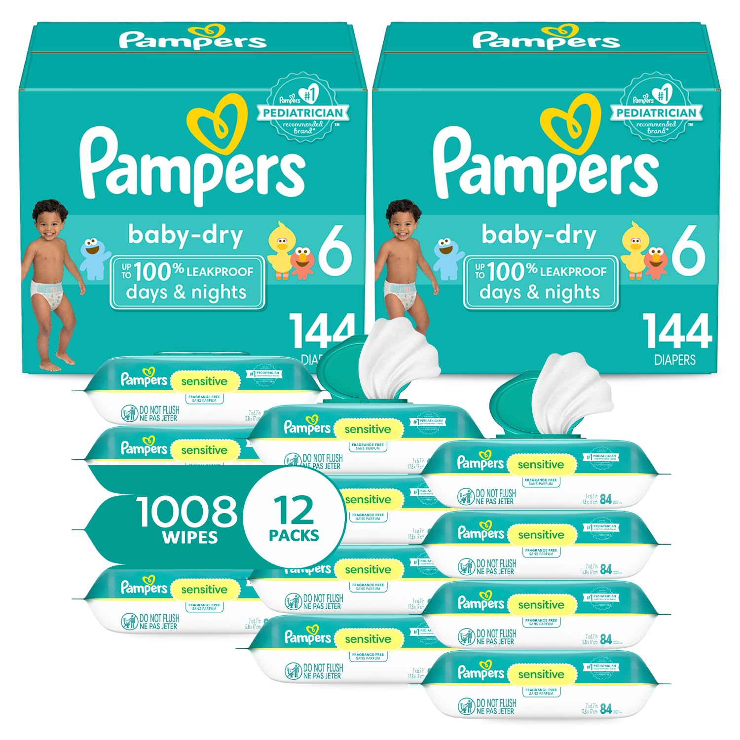 Pampers Baby Dry Disposable Diapers Size 6 (2 x 144 Count) + Sensitive Water-Based Baby Wipes 12-Pack (1008 Wipes) - 2 Month Supply for Newborns & Toddlers | Overnight Protection, Leakproof Design for Active Babies | Perfect for Daycare, Travel & Nighttime Use