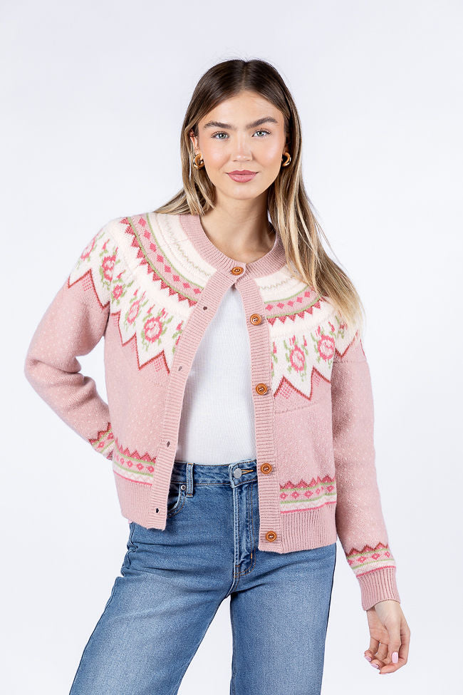 Sunny Meadow Pink Floral Fair Isle Cardigan Sweater for Women - Cozy Knit Pullover for Fall & Winter - Perfect for Christmas, Office Wear, and Casual Outfits