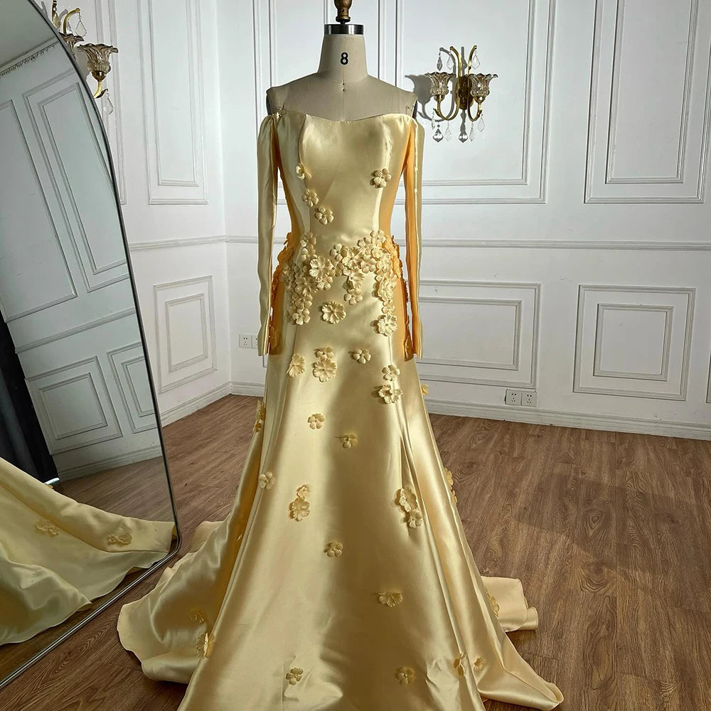 Luxury Dubai Arabia Yellow A-Line Satin Applique Evening Gown for Women - Formal Occasion Wedding Prom Party Dress LA72833 | Elegant Ball Gown for Special Events & Red Carpet