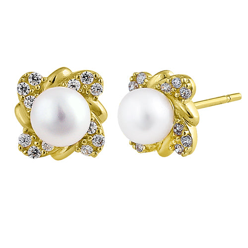 14K Yellow Gold Pearl and CZ Stud Earrings for Women – Elegant Round Clear Cubic Zirconia Jewelry for Daily Wear, Parties, and Special Occasions