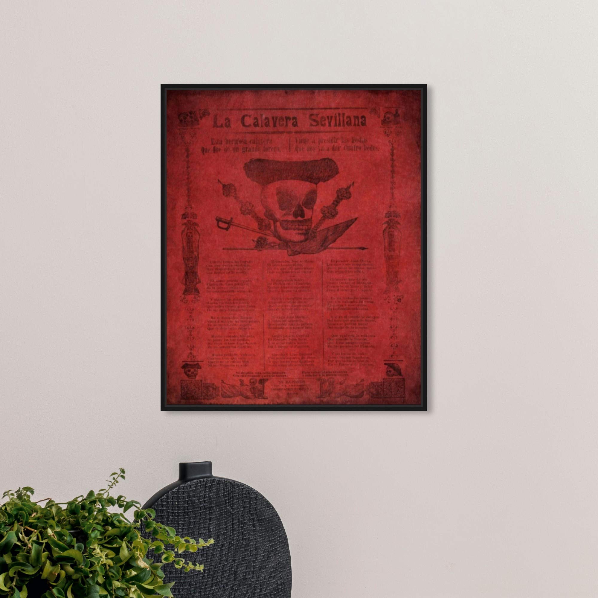 La Calavera Sevillana Wall Art - 20x24 Inch Framed Canvas Prints in Red & Black | Hatcher & Ethan Advertising Poster | Modern Home Decor for Living Room, Bedroom & Office