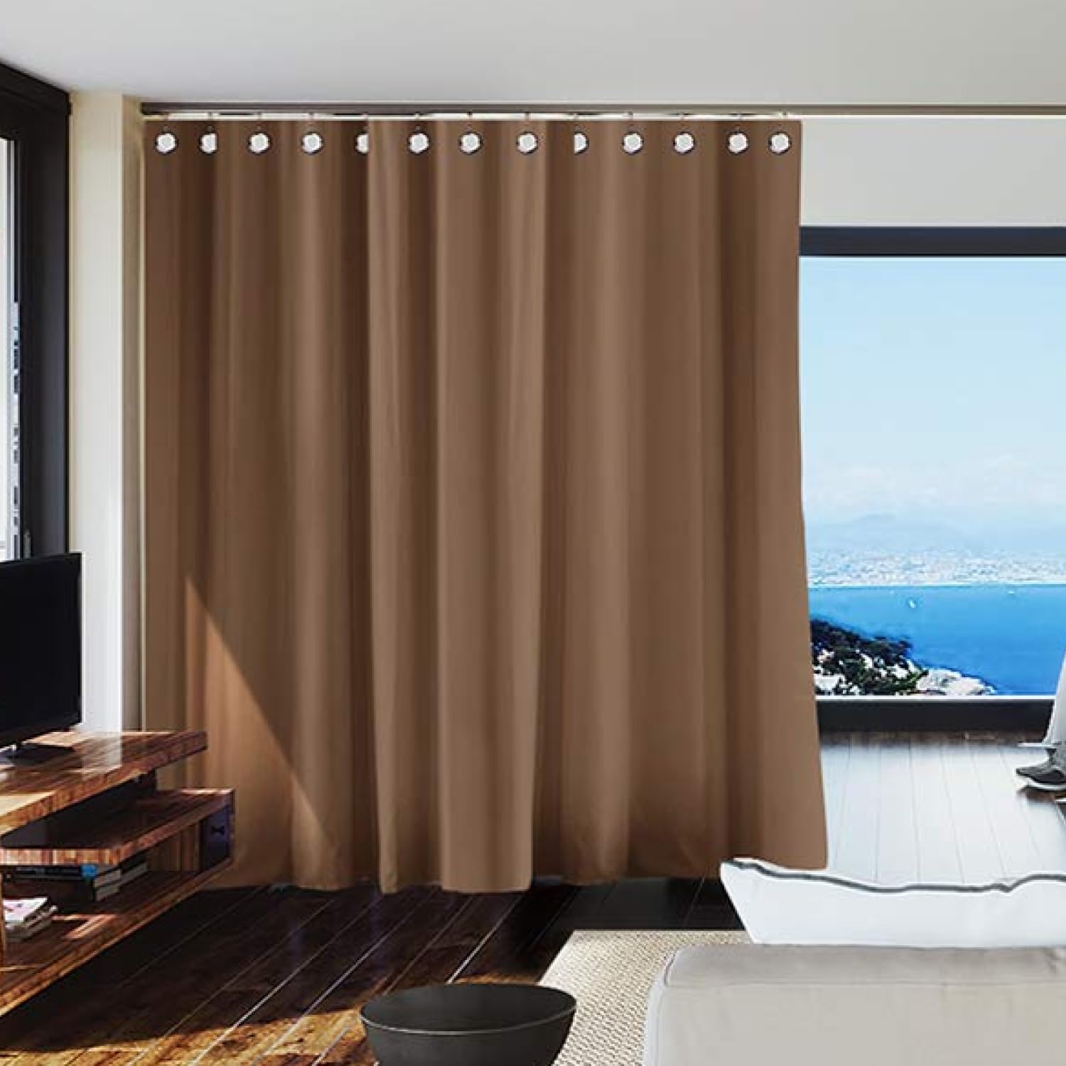 Room Divider Kit with Ceiling Track - XXX-Large Size, 8ft Tall x 14ft-18ft Wide in Mocha | Portable Room Partition for Home, Office & Event Spaces
