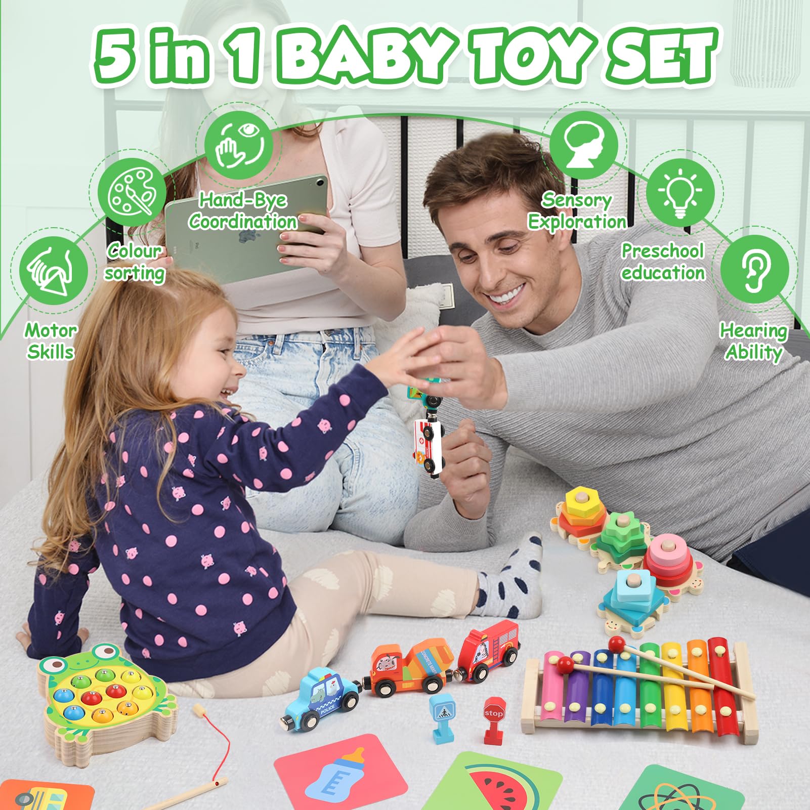 Montessori Wooden Toys for 1-2 Year Olds - Educational Baby Toy Set with Xylophone, Stacking Blocks, Sorting Game, Fishing Toy & Flash Cards | Toddler Learning Activities for 12-24 Months Boys & Girls | Perfect for Early Childhood Development & Playtime Fun