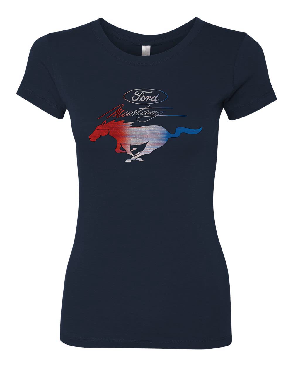 Ford Mustang T-Shirt for Women - USA Flag & Mustang Emblem Design - Slim Fit Junior Tee for Car Enthusiasts - Perfect for Car Shows, Racing Events & Casual Wear