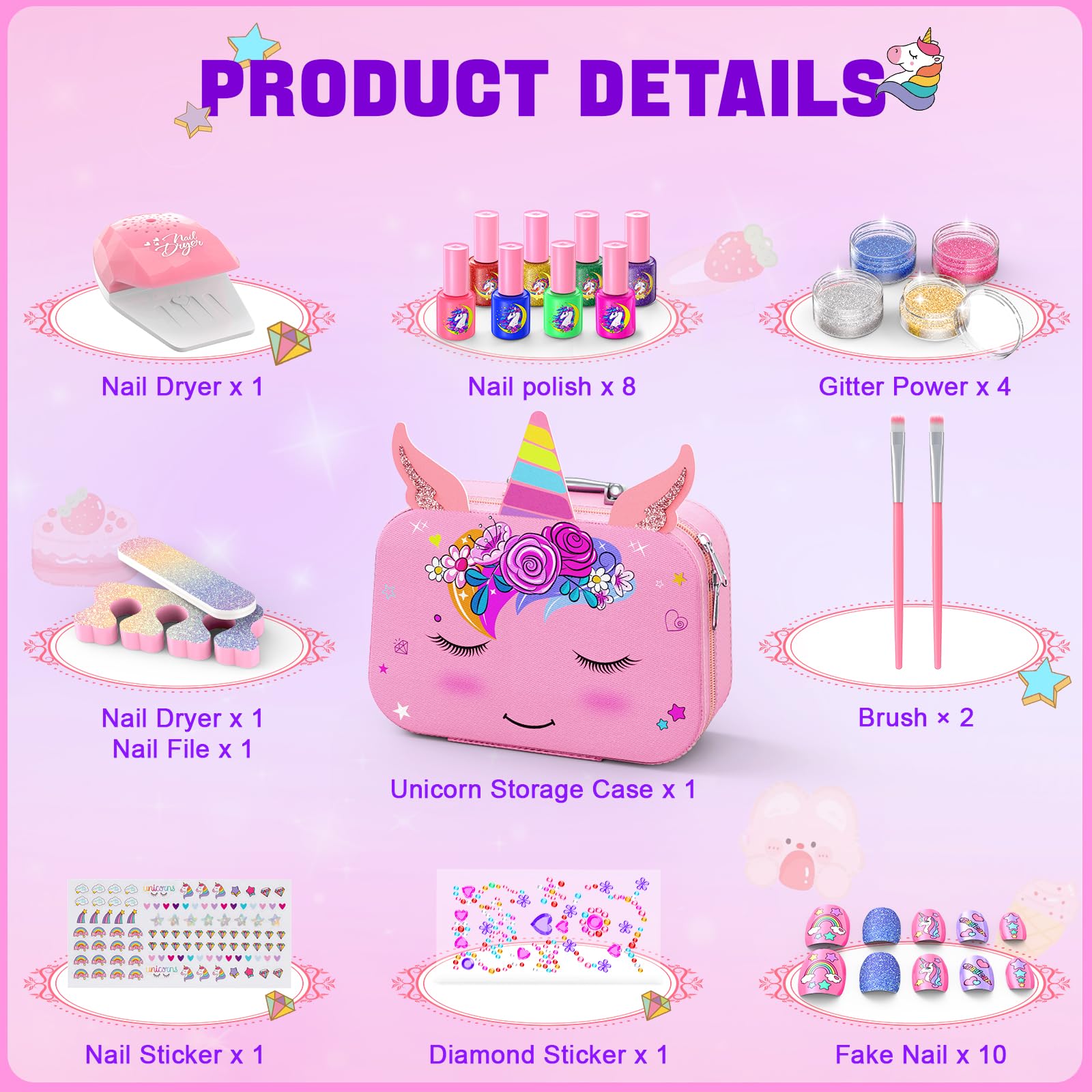Non-Toxic Quick Dry Kids Nail Polish Set for Girls Ages 3-12 - Peelable Nail Art Salon Kit with Nail Dryer, Safe & Fun DIY Manicure Gift for Birthday Party, Spa Day & Pretend Play
