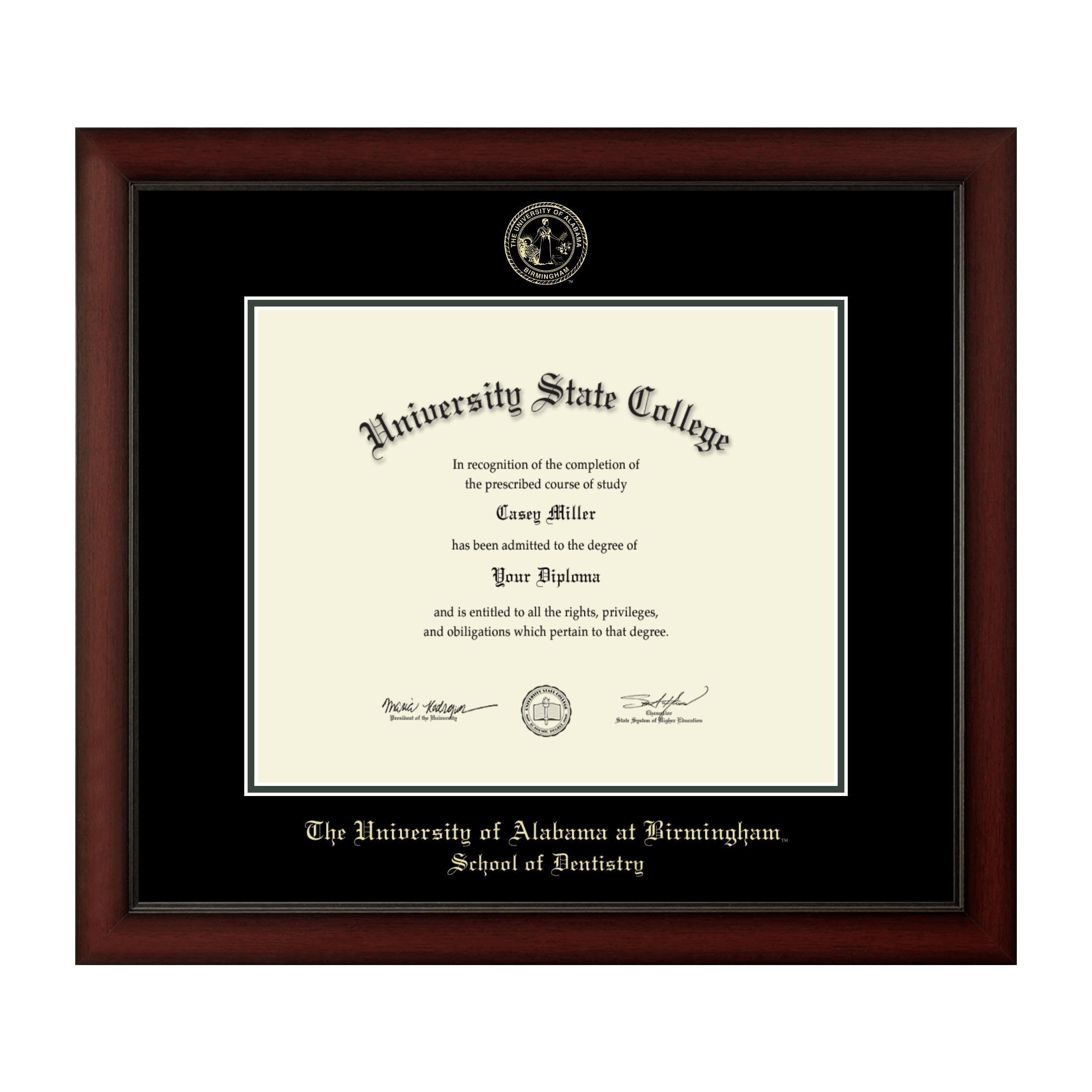 UAB School of Dentistry PhD Diploma Frame - 17x14 Inch Gold Embossed Cherry Wood Frame with Black & Williamsburg Green Mat - Perfect for Graduation Gifts & Office Decor