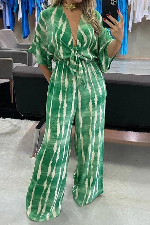 Stylish Striped Print V-Neck Lace-Up Wide Leg Jumpsuit for Women | Casual Summer Outfit | Perfect for Beach, Vacation & Date Night