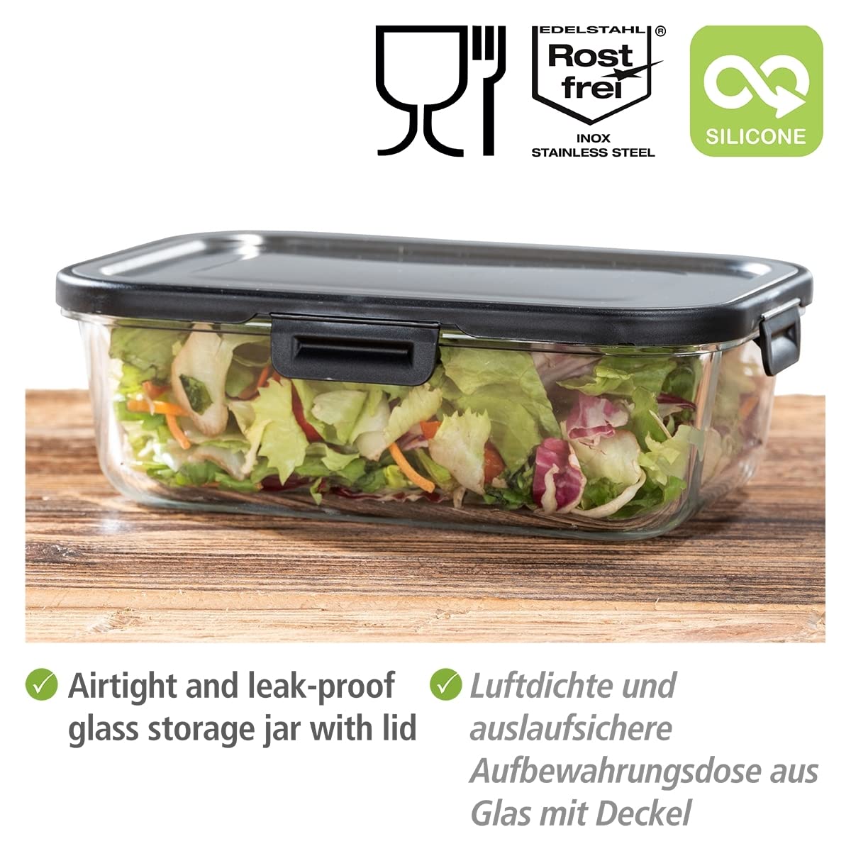 WENKO 1.5L Airtight Glass Food Storage Container with Stainless Steel Lid - Dishwasher Safe, Stackable & Leak-Proof (23 x 7.5 x 17 cm) - Perfect for Meal Prep, Leftovers & Pantry Organization