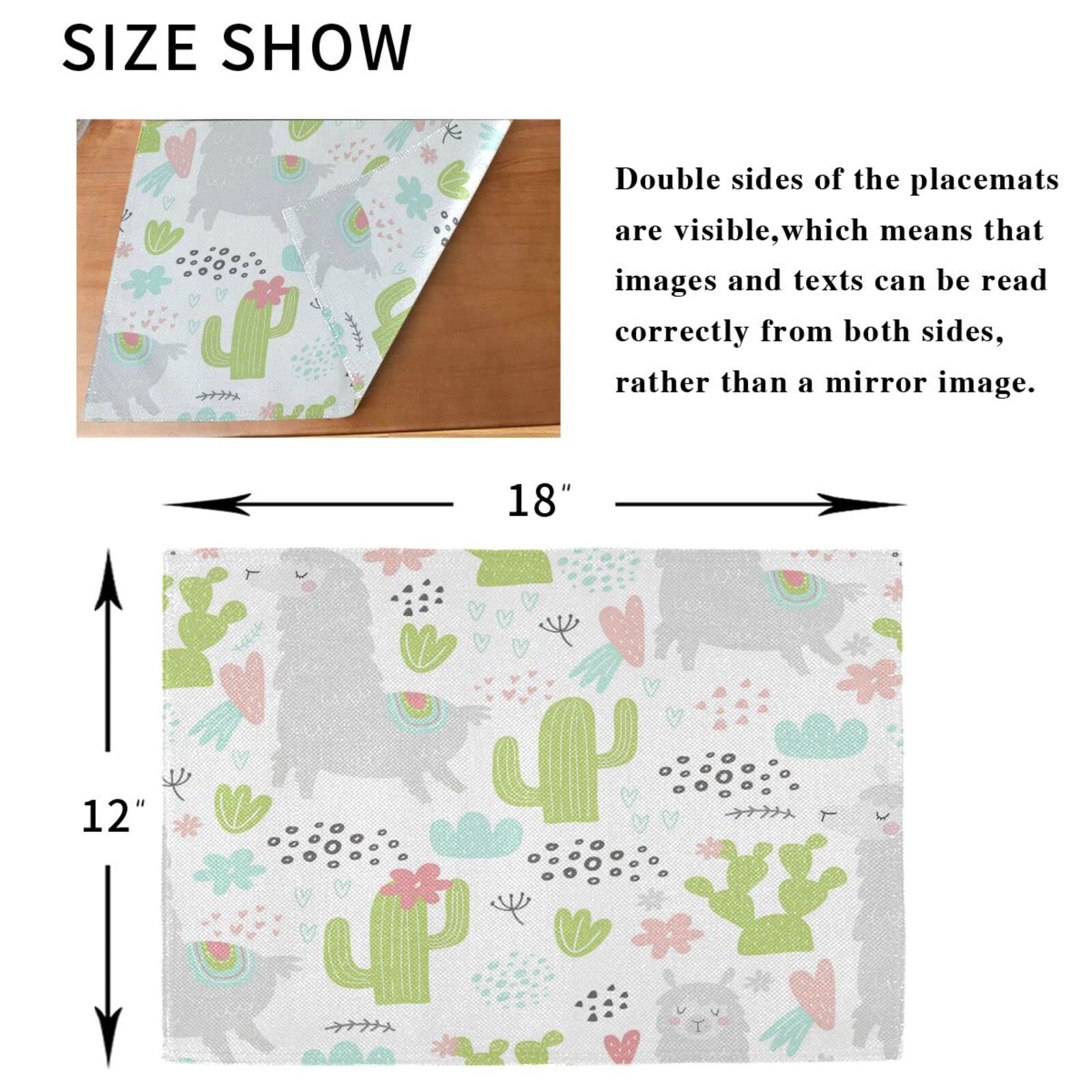 Stylish Llama Cactus Placemats Set of 4 - Washable & Heat-Resistant 12x18 Inch Alpaca Plant Table Mats for Kitchen & Dining Decor | Perfect for Family Dinners, Parties, and Home Decor
