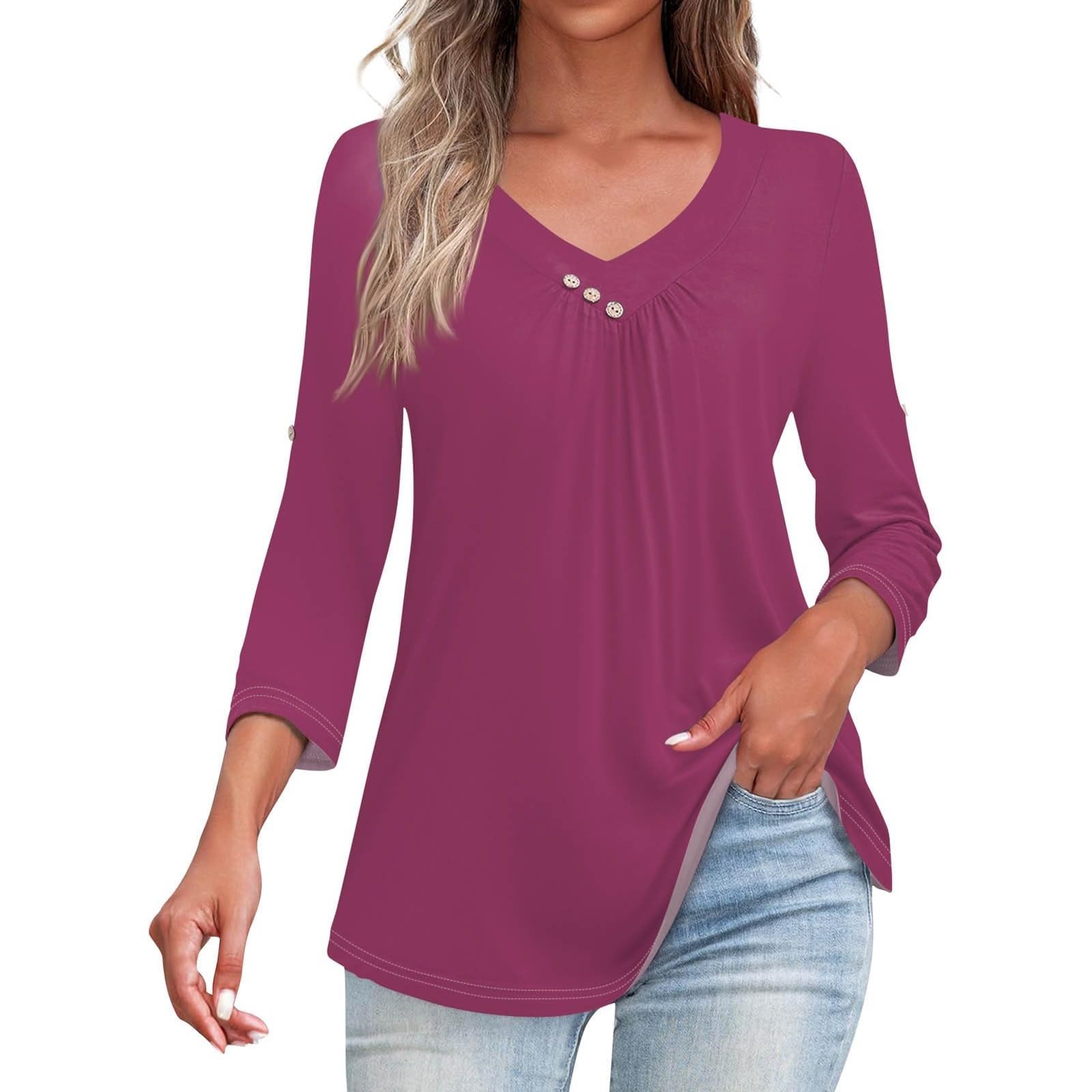 Elegant 3/4 Sleeve V-Neck Tunic Tops for Women - Loose Fit Casual Pullover Shirts | Perfect for Work, Weekend Outings & Layering