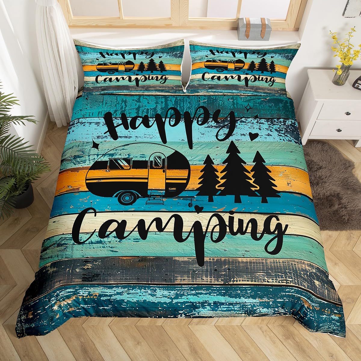 RV Camper Queen Size Duvet Cover Set - Happy Camping Green & Blue Striped Farmhouse Style Bedding with 2 Pillow Shams | Ultra Soft Breathable Microfiber for Teens & Youth | Perfect for RV Trips, Camping Adventures & Cozy Cabin Stays