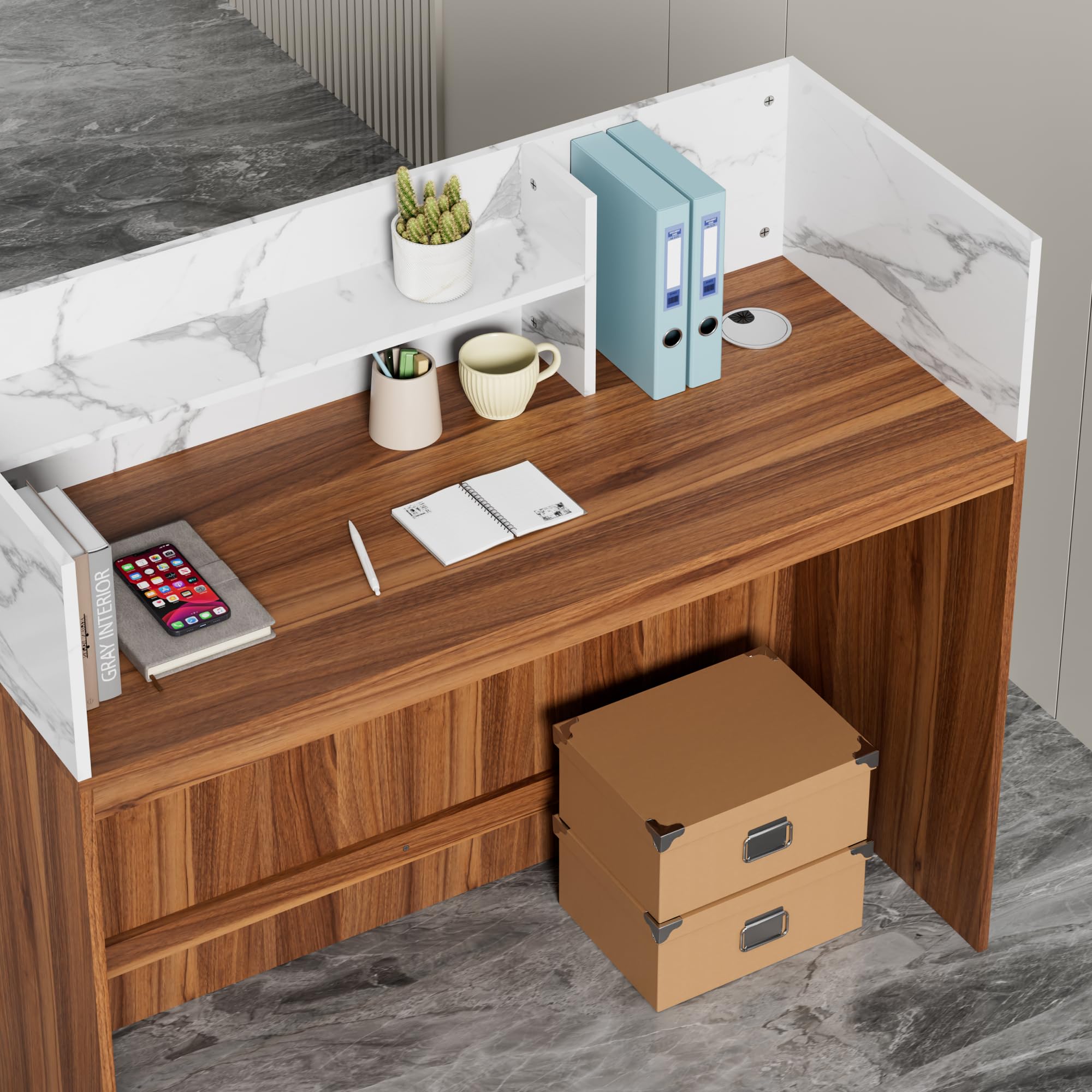 Modern Reception Desk with Counter - Marble Top Front Desk with LED Lights & Cable Grommet for Office, Beauty Salon, Hotel Lobby | Durable Checkout Counter for Retail Stores & Home Office Workspace