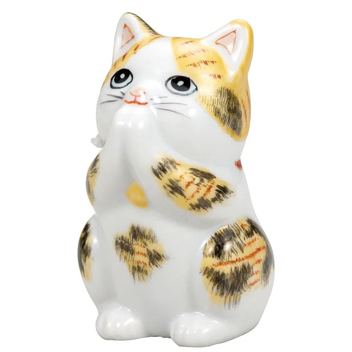 Authentic Japanese Kutani Yaki Maneki Neko (Lucky Beckoning Cat) Figurine - Gold Praying Statue for Good Fortune | Perfect for Home Decor, Office Feng Shui & Gift Giving