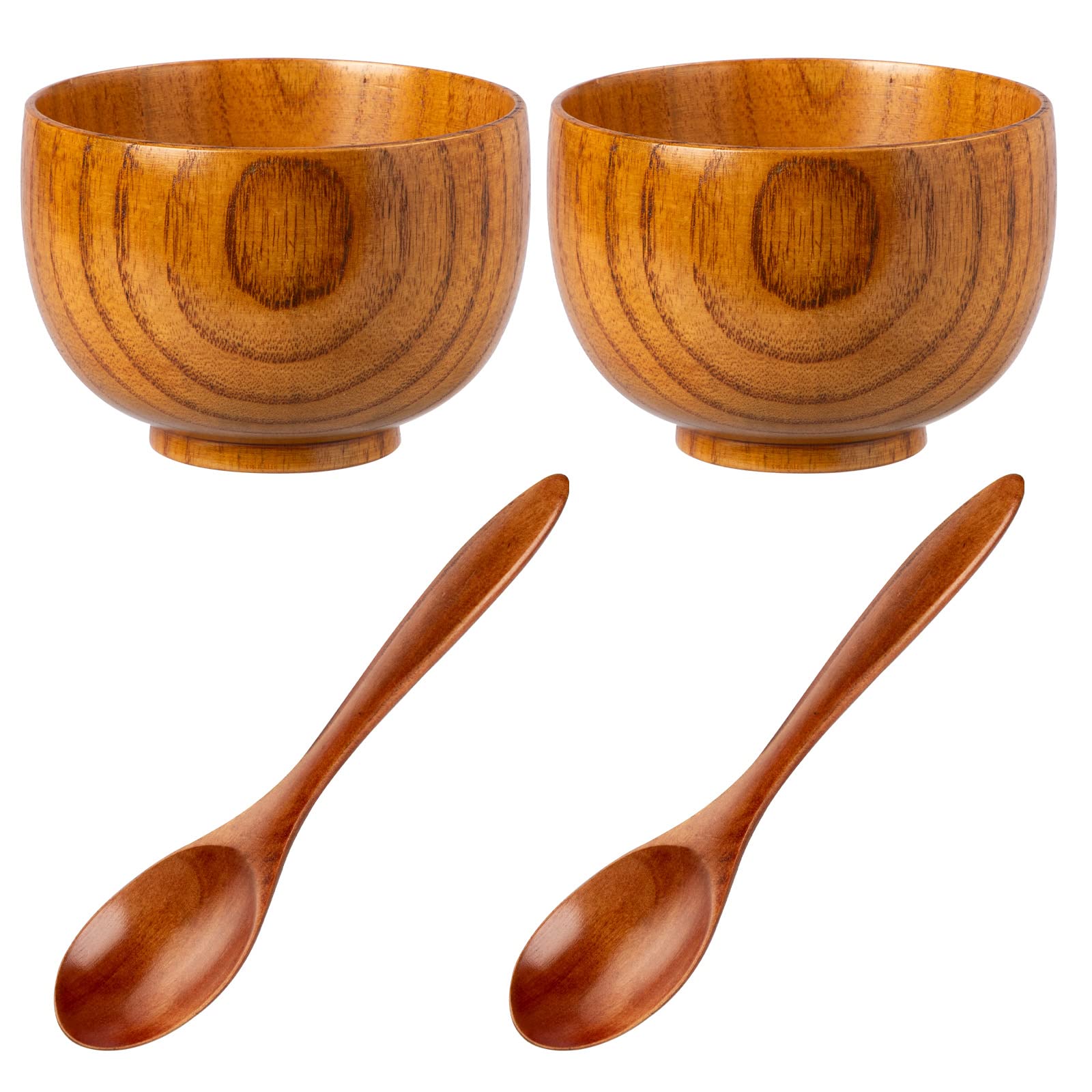 NUOMI 2-Piece Wooden Bowl Set with Wooden Spoons - Natural Small Serving Bowls for Desserts, Snacks, Soup & Salads - Perfect for Kitchen, Dining Table & Picnic Use