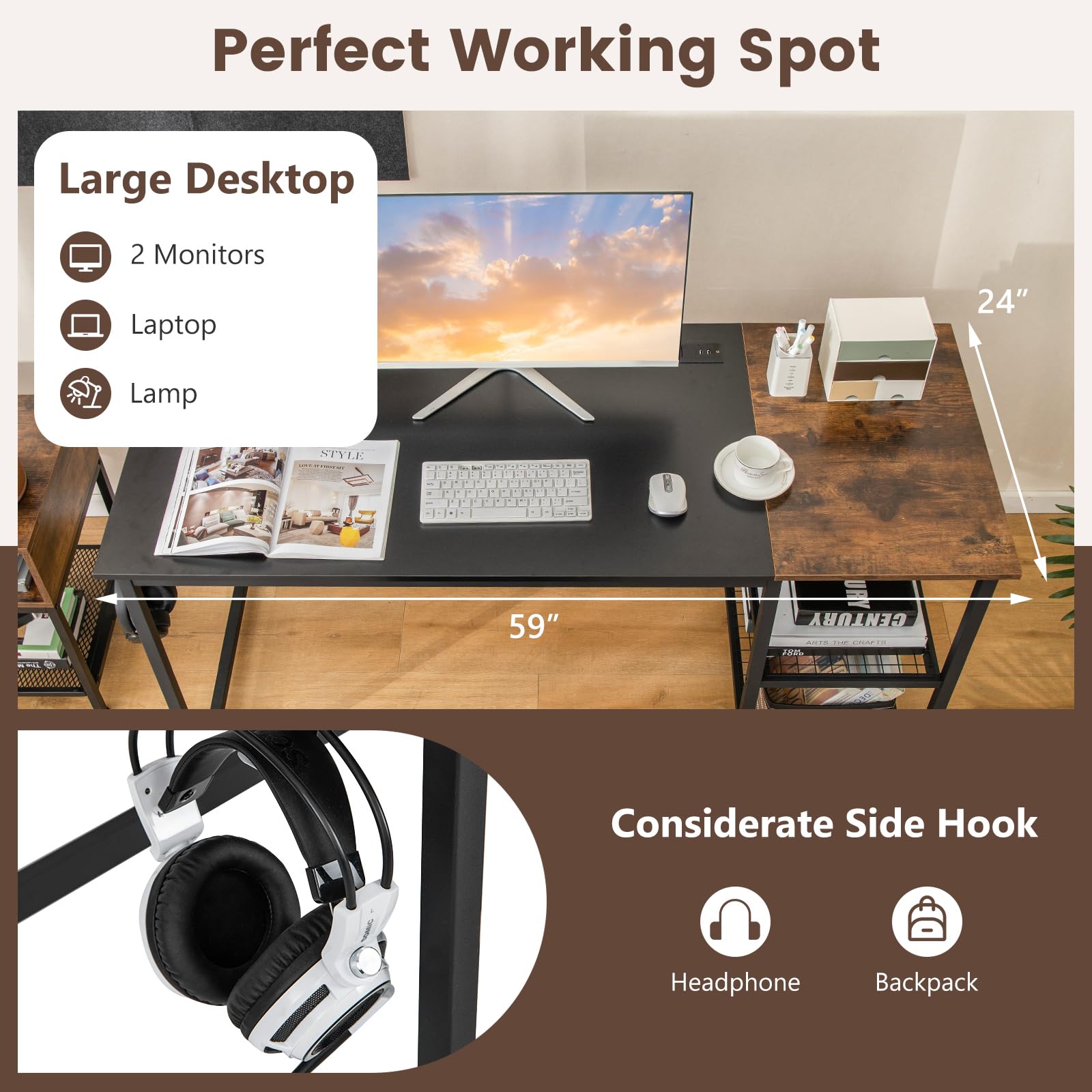 Tangkula 59 Inch Modern Industrial Computer Desk with Charging Station, 2-Tier Storage Shelves & Hook, Sturdy Metal Frame PC Laptop Workstation for Home Office, Study, and Gaming Setup